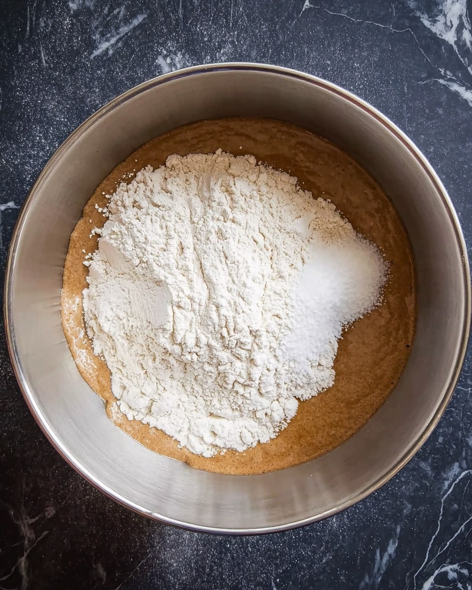 A shiny silver bowl sits on a dark round surface with white marbled texture. Inside the bowl, a thick brown liquid fills the bottom, covering half of the base. On one side, a large pile of white flour is resting on top of the brown liquid, with a smaller mound of white granulated salt nearby. The textures show the roughness of the flour and the smoothness of the liquid. The light is bright, making the colors clear and the metal shiny. photo taken with an iphone --ar 4:5 --v 7