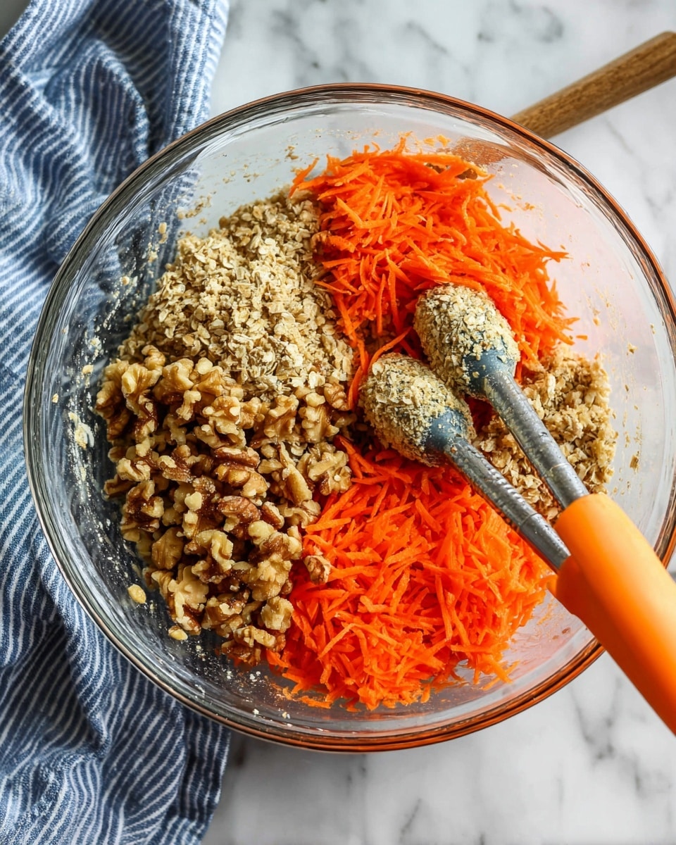 A clear glass bowl sits on a white marbled surface with a blue and white striped cloth beside it. Inside the bowl are three main layers: bright orange shredded carrots in the center, light brown oat mixture with a rough, coarse texture on the left side and extending to the center, and chopped light to dark brown walnut pieces on the right side. Two vintage electric beaters coated with the oat mixture rest inside the bowl, with an orange silicone spatula poking into the contents from the right side. Photo taken with an iphone --ar 4:5 --v 7