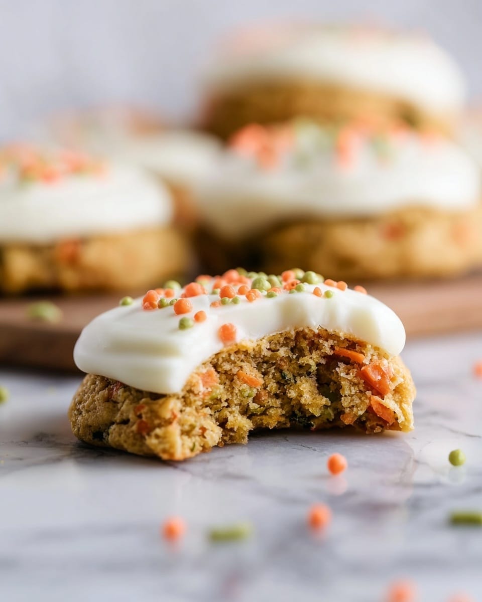A close-up of a cookie with two layers: the bottom layer is a textured, golden-brown cookie showing bits of orange carrot and some green specks, while the top layer is thick, smooth white frosting decorated with small round orange and green sprinkles. The cookie has a bite taken out of the front side. In the background, other blurred cookies with the same layers can be seen on a white marbled surface. Scattered around the cookie are tiny orange and green sprinkles. Photo taken with an iphone --ar 4:5 --v 7