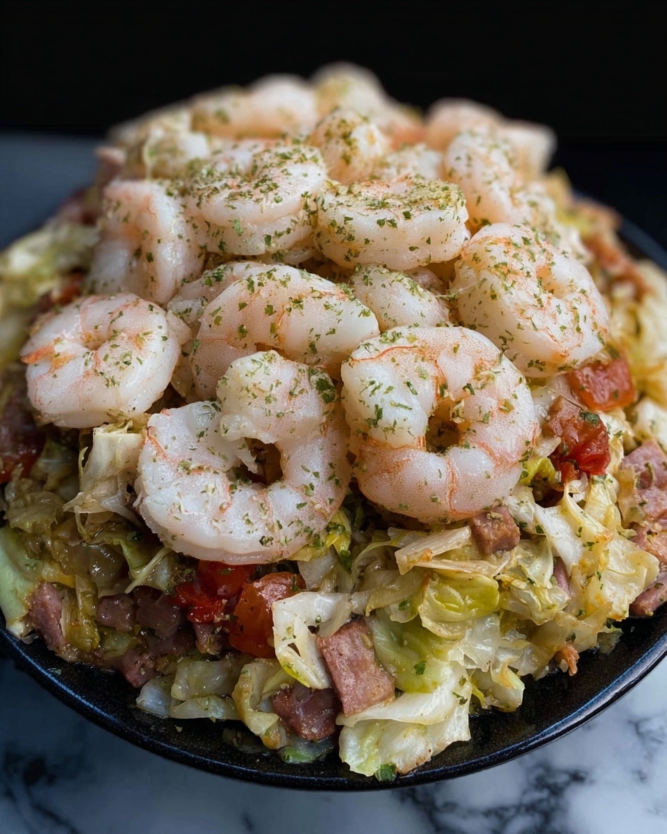 The dish shows a close-up of cooked shrimp piled in the center, pale gray with light green herb seasoning on them. Under the shrimp is a mixed layer of vegetables and small pieces of meat, mostly consisting of light yellow and green cabbage, soft red diced tomatoes, and light brown chunks of meat, all mixed together with a slightly wet texture. The food is placed on a smooth black surface with no plate or bowl visible. The background is changed to a white marbled texture. photo taken with an iphone --ar 4:5 --v 7