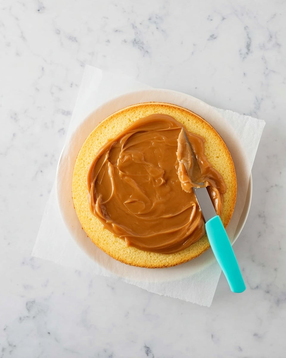A single round yellow cake layer sits on a white plate with a sheet of white parchment paper underneath; on top of the cake, a thick, smooth layer of light brown caramel spread is being spread evenly using a small knife with a turquoise handle placed diagonally, all set on a white marbled surface. photo taken with an iphone --ar 4:5 --v 7