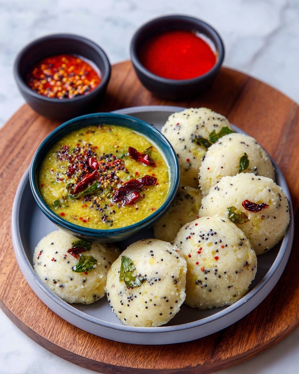 A round dark blue bowl filled with yellow-green chutney topped with red dried chilies and mustard seeds sits on a round white plate arranged with seven round, fluffy white aloo idlis speckled with black mustard seeds and curry leaves. Beside the plate on a wooden board are two small black bowls, one with bright red chutney and the other empty. The background is a white marbled surface. The whole set up looks fresh and inviting. photo taken with an iphone --ar 4:5 --v 7