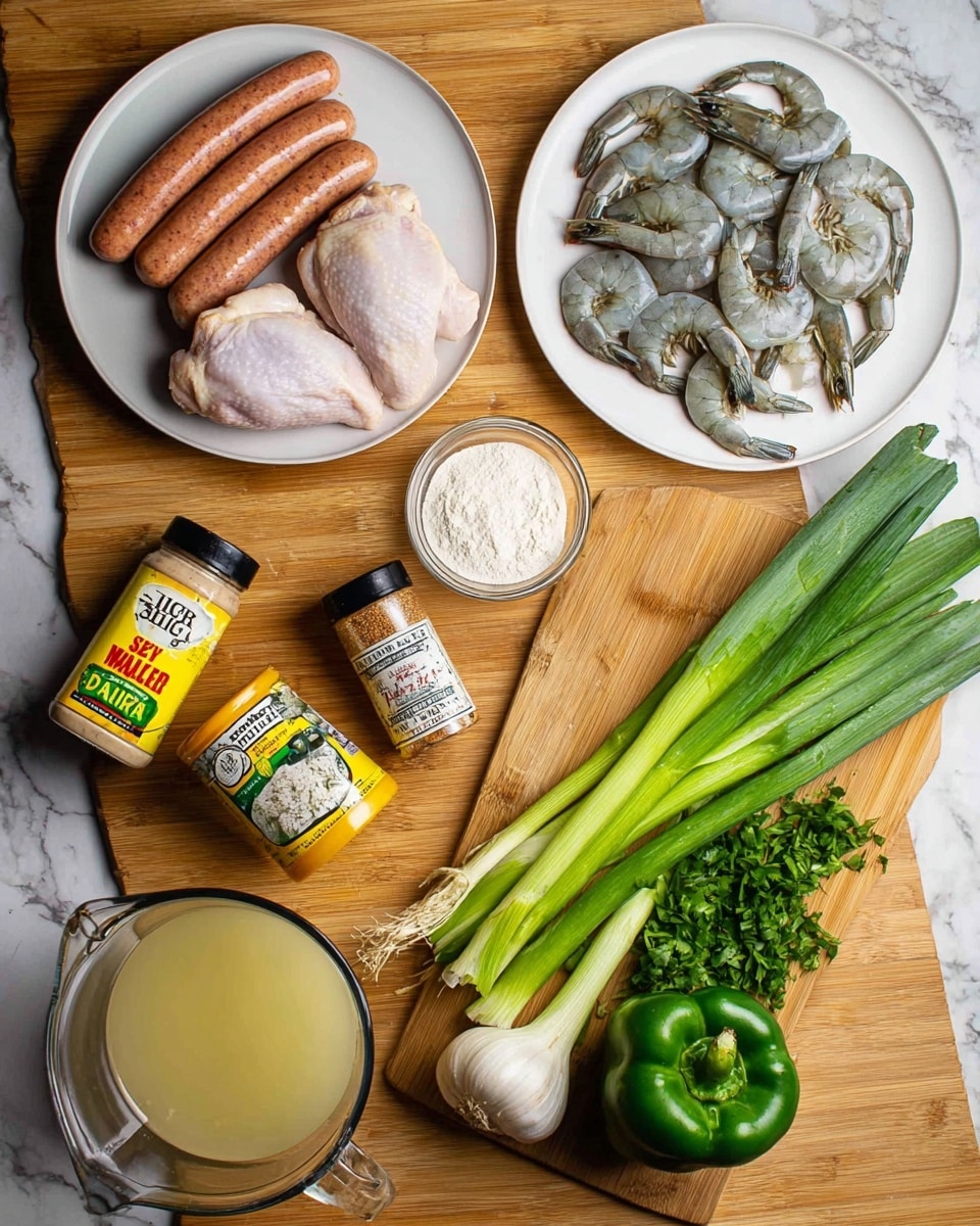 The image shows raw ingredients for a dish arranged neatly on a wooden surface. On a white round plate at the top left, there are three raw sausages and two pieces of raw chicken thighs with light pink and pale yellow skin. To the right, on another white round plate, are several uncooked peeled shrimp with grayish-white flesh and darker tails. Below these plates, there is a clear glass measuring cup filled with pale yellow broth. Next to it is a small clear bowl of white flour, and two seasoning containers: one bright yellow labeled “Slap Ya Mama” and the other small jar of gumbo file powder. At the bottom right, a wooden cutting board holds fresh green onions, flat-leaf parsley, stalks of celery, a whole garlic bulb, one whole light brown onion, and two green bell peppers. The background is a white marbled texture. Photo taken with an iphone --ar 4:5 --v 7