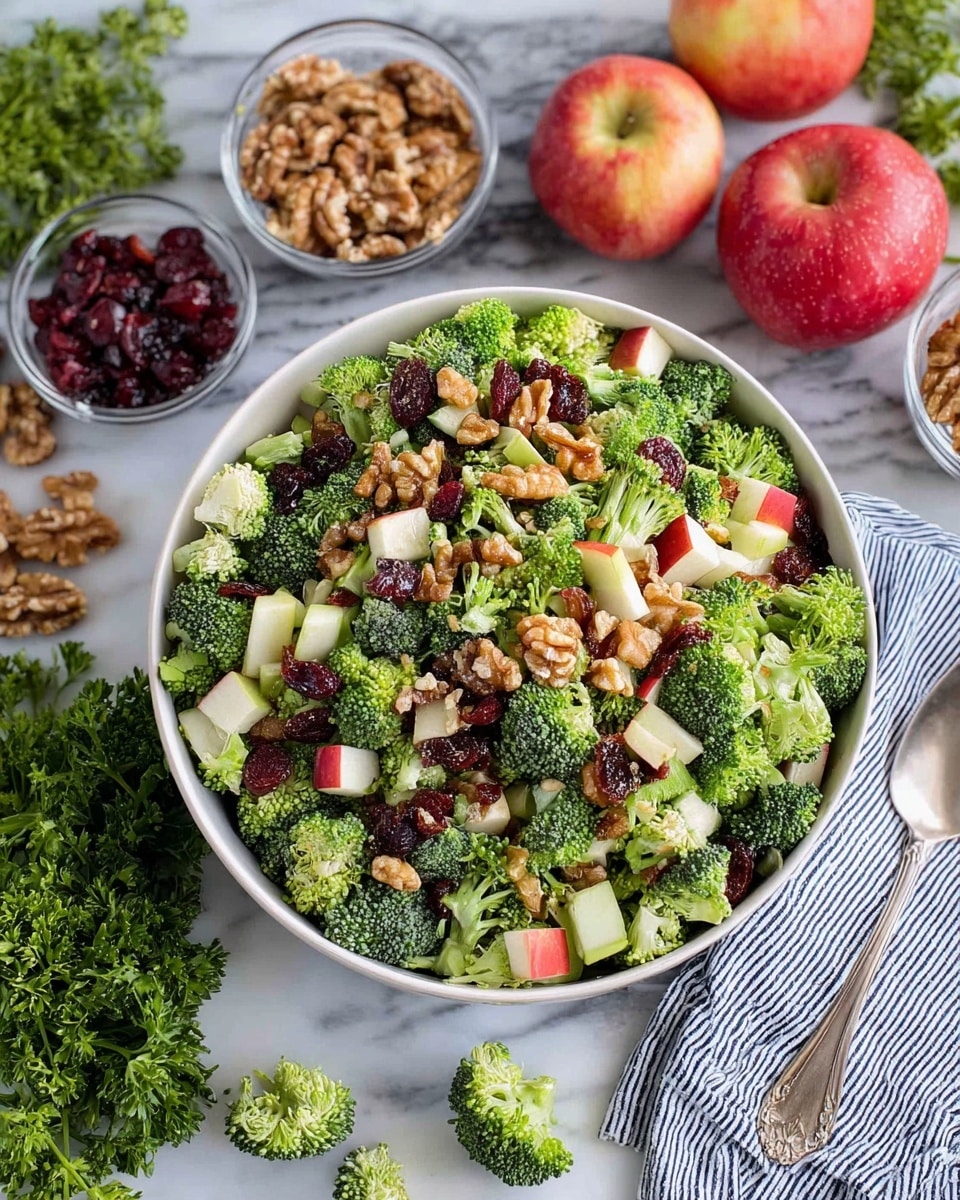 The image shows a white bowl full of fresh broccoli salad on a white marbled surface. The salad has three main layers: bright green broccoli florets as the base, chopped red and white apple pieces mixed evenly, and small dark red dried cranberries scattered throughout. There are also chunky walnut pieces spread on top, adding texture. Around the bowl, small broccoli pieces and fresh green parsley leaves lie on the white marbled surface, with two red apples nearby and small glass bowls containing walnuts and dried cranberries slightly blurred in the background. A silver spoon rests on a blue-striped cloth beside the bowl. The photo taken with an iphone --ar 4:5 --v 7