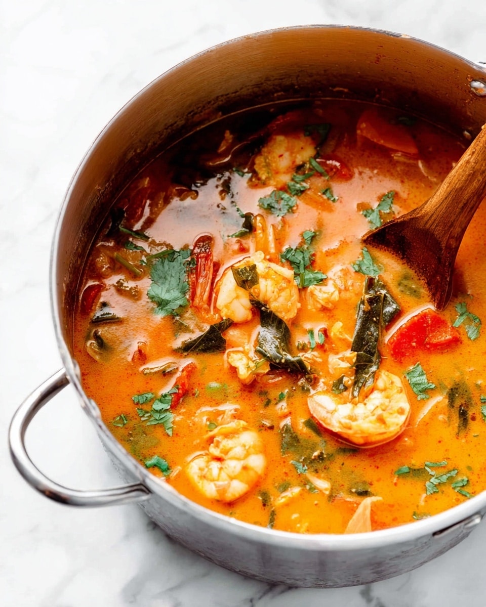 The image shows a silver cooking pot on a white marbled surface filled with a rich orange soup. The soup has large shrimp with pink and white texture, pieces of red and orange vegetables, and is topped with scattered dark green chopped herbs. A wooden spoon is partially immersed in the soup on the right side of the pot, adding a rustic touch. The pot has simple riveted handles and reflects light softly. photo taken with an iphone --ar 4:5 --v 7