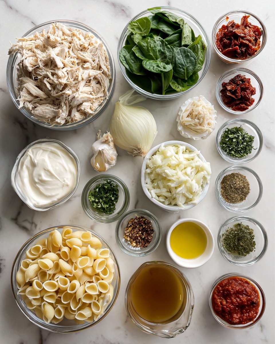 The image shows various clear glass bowls and small glass containers arranged neatly on a white marbled surface. There is one large bowl filled with shredded light beige chicken, another bowl full of fresh dark green spinach leaves, and a bowl of uncooked light yellow shell pasta. A medium bowl contains chopped white onions, while another holds a smooth white heavy cream. Cream cheese appears as a soft, creamy white layer in a bowl nearby. A bowl of golden brown chicken broth is present, alongside small containers holding sun-dried tomatoes with a dark reddish color, grated parmesan cheese as a pale yellow powder, tomato paste in a deep red thick paste, and bright yellow oil in a small cup. Several small bowls contain finely chopped green basil, dried Italian seasoning herbs, white salt, off-white garlic powder, crushed red pepper flakes in dark red, and whole garlic cloves. The ingredients are arranged carefully with labels floating near each bowl or container. Photo taken with an iphone --ar 4:5 --v 7