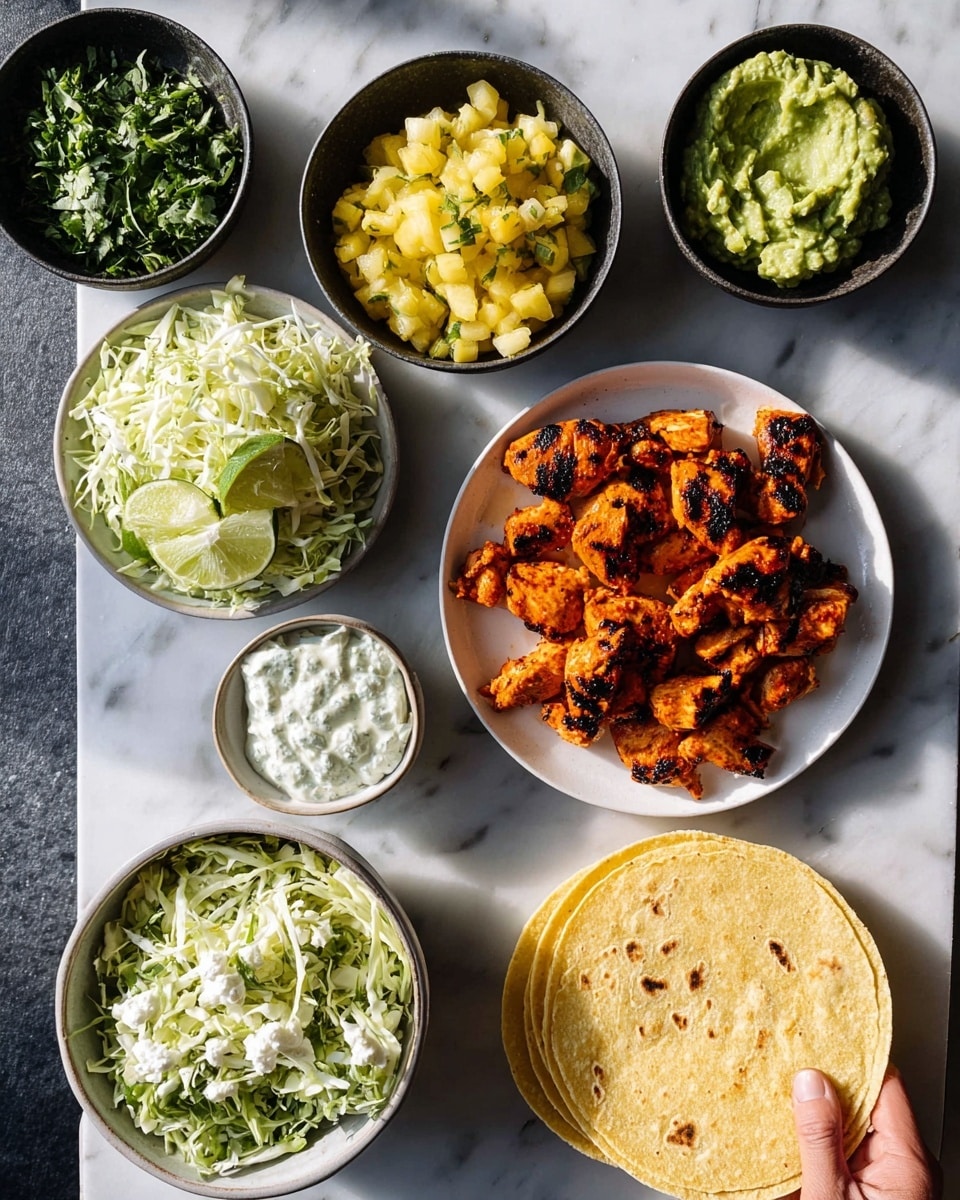 The image shows a spread of Mexican-style taco ingredients arranged on a white marbled surface. In the center, there is a white plate filled with orange grilled chicken pieces that have dark grill marks. Around the chicken are six small white bowls with different items: shredded green and white cabbage salad at the top left, bright yellow pineapple salsa mixed with green herbs at the left middle, chunky green guacamole at the top center, lime wedges at the top right, white crumbly cheese below the tortillas, and a creamy white sauce with green herb bits at the bottom center. To the right of the grilled chicken is a stack of light yellow corn tortillas on a separate white plate. A woman's hand is gently holding one tortilla. The photo taken with an iphone --ar 4:5 --v 7