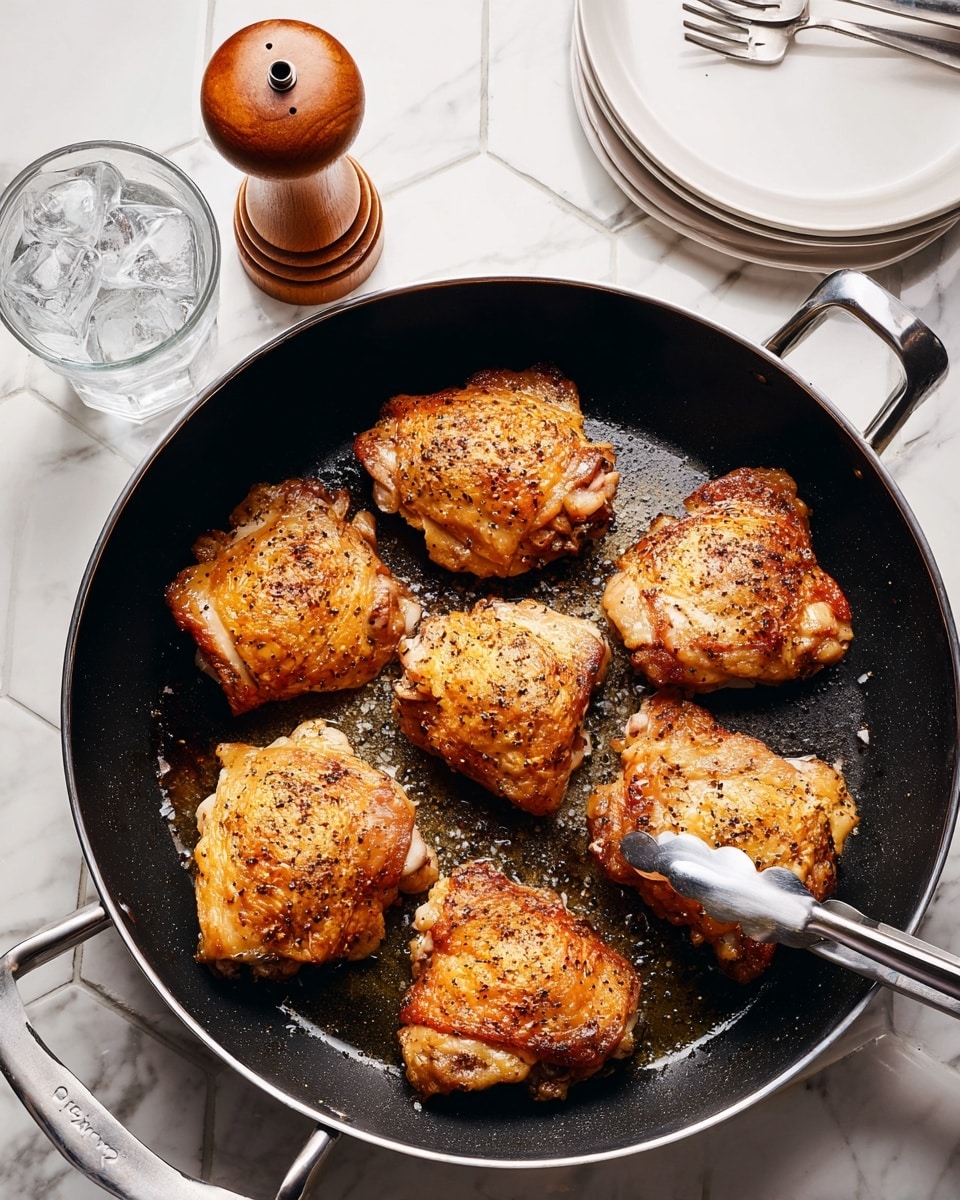 The image shows six pieces of golden brown, seasoned chicken thighs with crispy skin arranged evenly in a black frying pan with a shiny metal handle. The chicken pieces have a textured, crisp surface with black pepper and light seasoning visible. A pair of metal tongs holds one piece on the right side. The pan is placed on a white marbled hexagon tiled surface. Nearby, there is a clear glass filled with ice cubes, a wooden pepper grinder, and a stack of white plates. The photo taken with an iphone --ar 4:5 --v 7