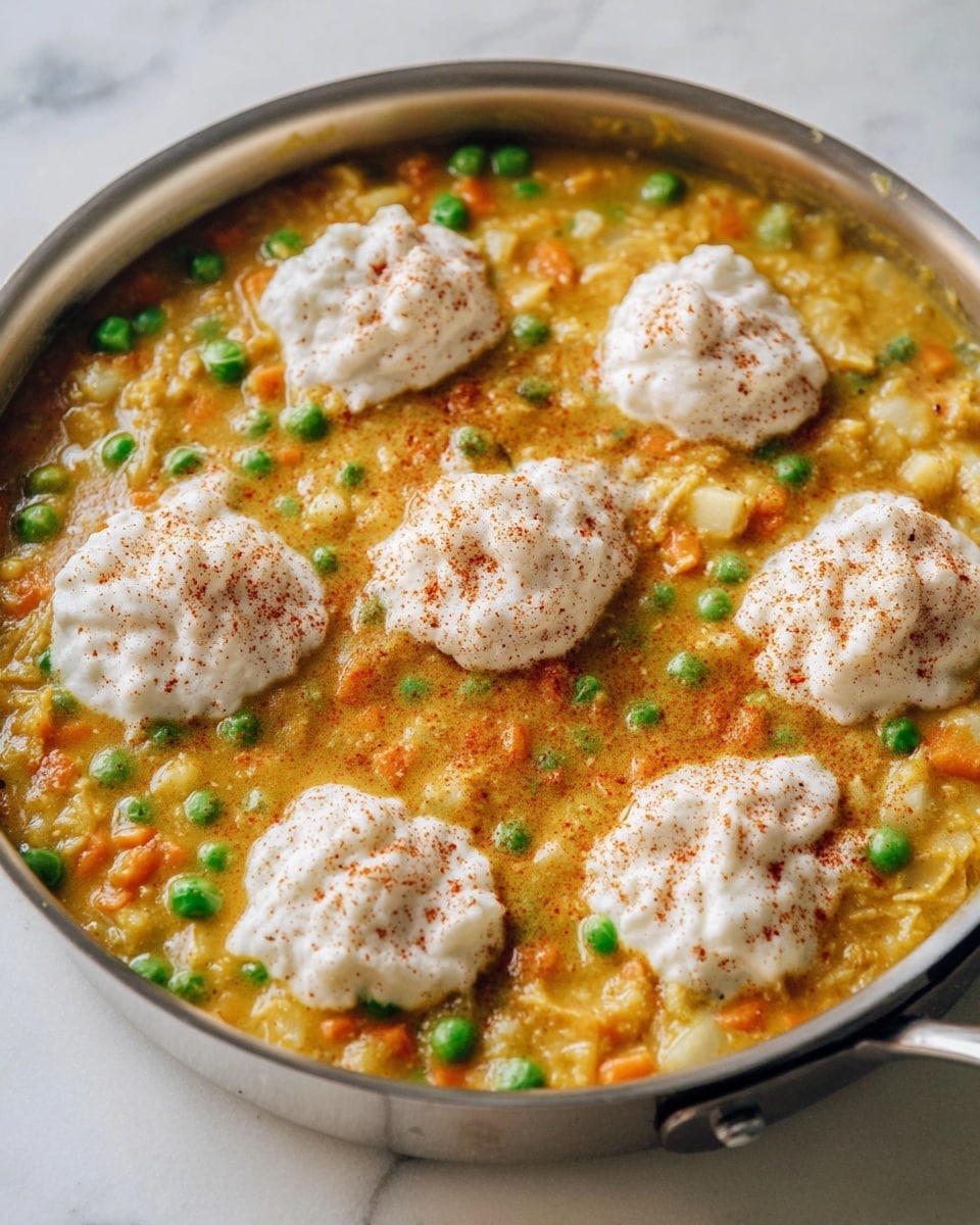 A round silver pan filled with a thick yellowish-orange stew that has small green peas scattered throughout. Mixed in the stew are tiny orange and green vegetable bits and soft-looking chunks of a pale brown ingredient. On top, there are seven dollops of white whipped cream-like substance, each sprinkled with a light dusting of reddish powder. The pan is placed on a white marbled surface. photo taken with an iphone --ar 4:5 --v 7