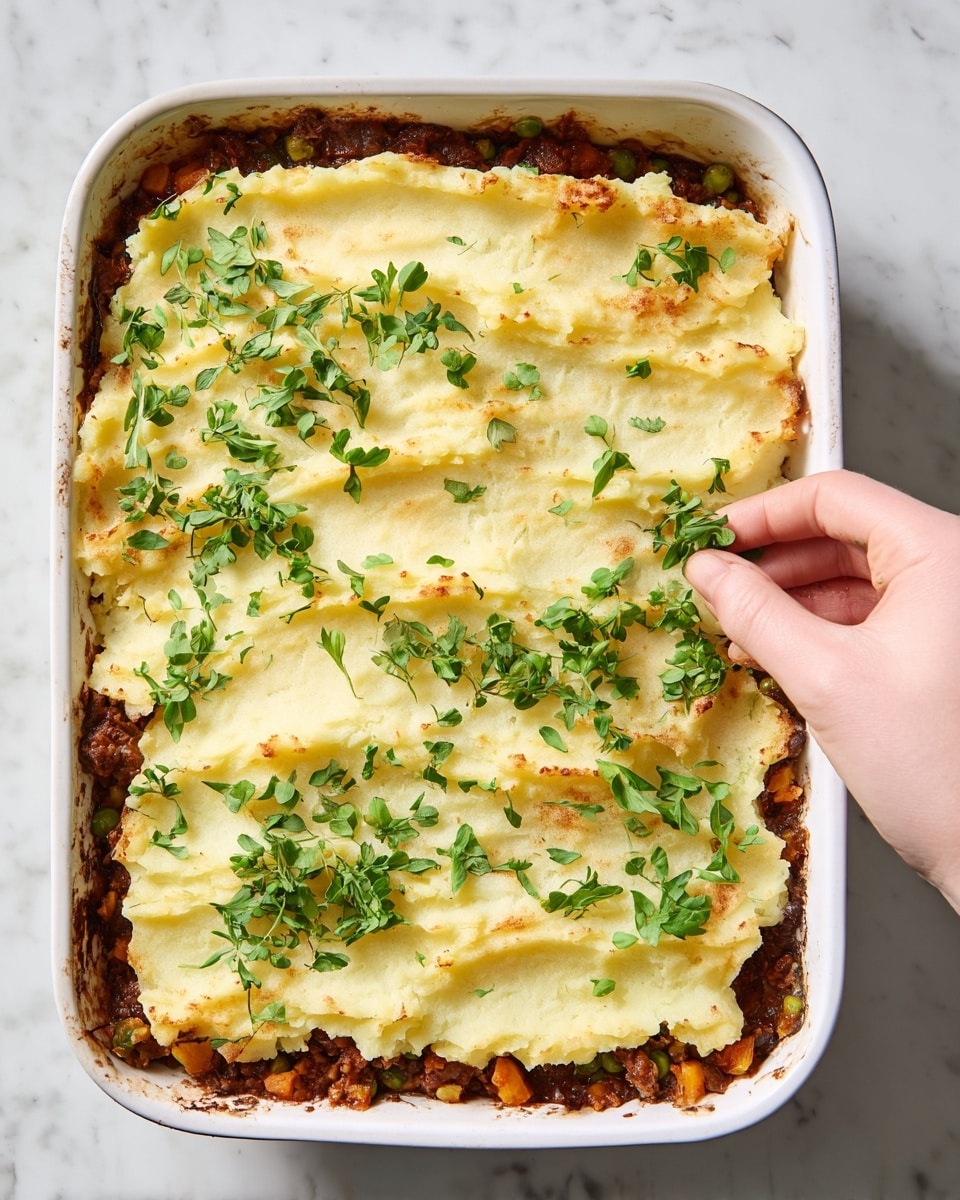 A white rectangular casserole dish holds a layered baked dish with three visible layers. The bottom layer is dark brown with pieces of orange and yellow, likely cooked vegetables and meat. The middle layer is a smooth, pale yellow mash, spread thick and uneven with some browned and crispy edges on top. The top layer is sprinkled with fresh green herb leaves, being gently added by a woman's hand in the lower right corner. The dish sits on a white marbled surface. photo taken with an iphone --ar 4:5 --v 7