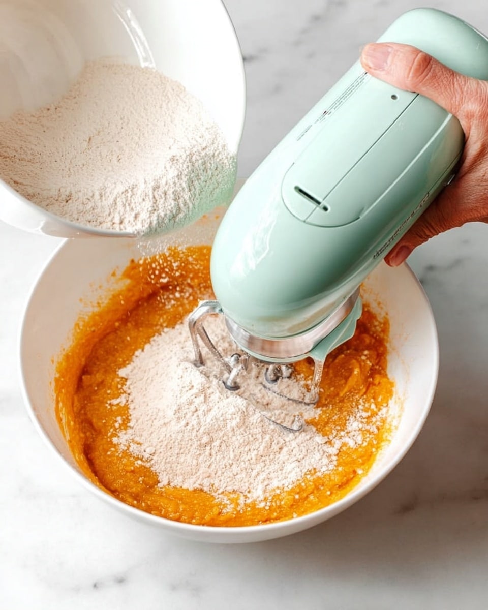 A white bowl sits on a white marbled surface, filled with a thick orange batter at the bottom. On top of the orange batter, there is a layer of light beige flour that has not yet mixed. A woman's hand holds a mint green electric mixer, with the beaters partially immersed in the batter, blending the two layers together. Above the bowl, a small white bowl is tilted, pouring more flour into the larger bowl. The image shows the motion of mixing with the contrasting colors and textures clearly visible photo taken with an iphone --ar 4:5 --v 7