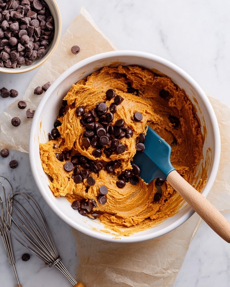 A white bowl filled with thick, orange-brown cookie dough mixed with shiny dark brown chocolate chips, with some chips resting on top. A blue spatula with a wooden handle is partially dipped into the dough inside the bowl. Next to the bowl, on a white marbled surface, there is a small white bowl filled with more chocolate chips and some scattered around it, along with two used metal beaters lying on a sheaf of white paper. Photo taken with an iphone --ar 4:5 --v 7