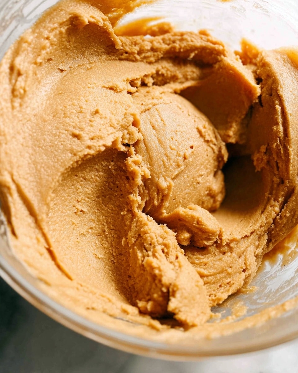 The image shows a close-up of a clear mixing bowl filled with thick, creamy peanut butter dough that has a sandy brown color. The dough appears smooth but slightly crumbly in some areas, with visible scoops and swirls where spoon or woman's hand has taken some out. The background is a white marbled surface that softly reflects light, adding brightness to the scene. The overall texture looks dense and rich, with no other layers or colors present. photo taken with an iphone --ar 4:5 --v 7