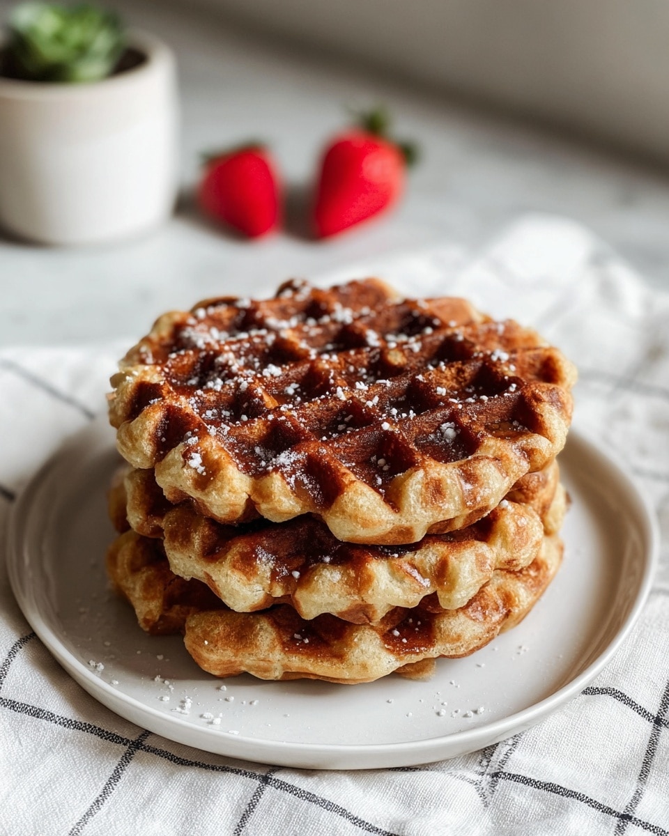 A stack of four golden brown waffles sits in the center of a white plate with a smooth texture. Each waffle layer shows a dark caramelized grid pattern with a crispy edge, and small white sugar crystals are sprinkled on top. The plate rests on a white marbled surface covered partially by a soft, white cloth with thin black grid lines. In the blurred background, two bright red strawberries and a white planter with a green plant add soft color to the scene. Photo taken with an iphone --ar 4:5 --v 7