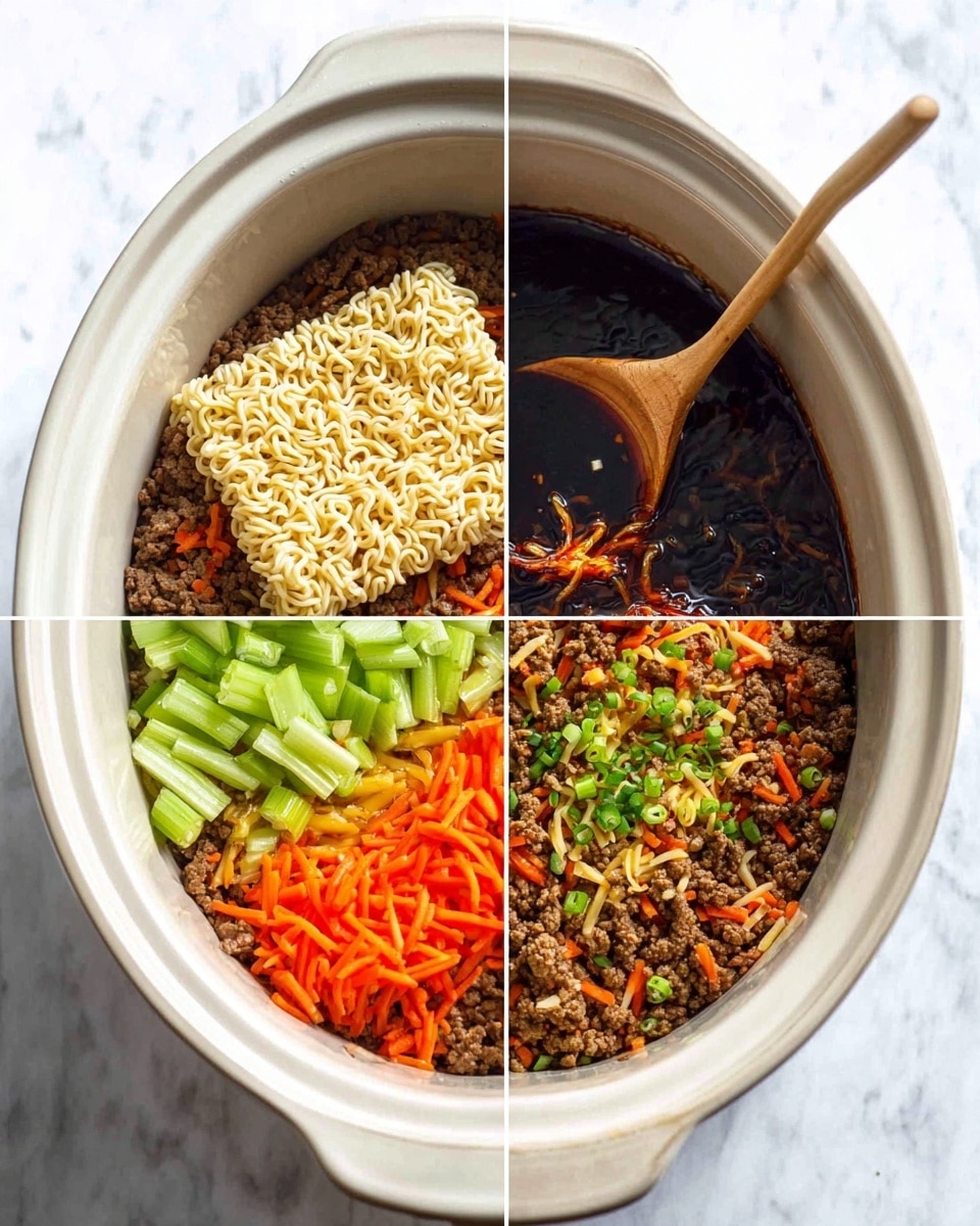 The image shows a white slow cooker with four stages of making a dish. In the first stage, the cooker contains a layer of cooked ground meat on the bottom, topped with chopped orange carrots, bright green celery sticks, and a mound of pale grated ginger, along with shredded light orange cheese on the right side. In the second stage, dark soy sauce is poured over the same layers, darkening the mixture underneath. The third stage shows two blocks of pale yellow instant ramen noodles placed on top of the mixed ingredients. In the final stage, the noodles are fully cooked and mixed, creating a textured dish with a mix of dark brown sauce-coated noodles, small bits of meat, orange carrot strips, and green chopped spring onions sprinkled on top. A wooden spoon rests inside the cooker at this stage. The entire scene is set on a white marbled surface. Photo taken with an iphone --ar 4:5 --v 7