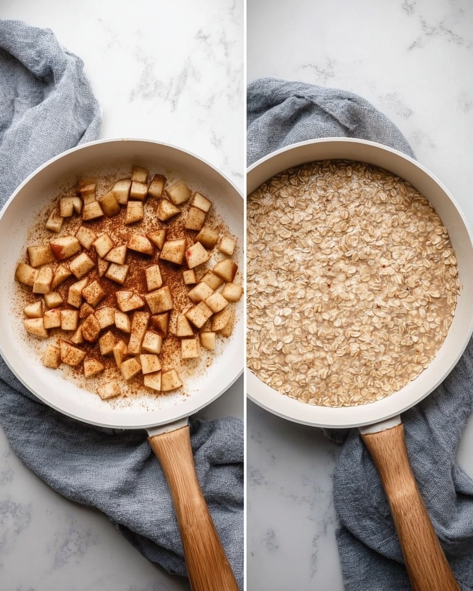 The image shows two white pans with wooden handles placed on a white marbled surface, each containing different food layers. The left pan has small, cubed pieces of cooked apple with a light brown coating, scattered evenly at the bottom, with some cinnamon or spice powder remnants around the edges. The right pan contains a thick, beige oatmeal mixture with rolled oats visible, covering the whole pan surface smoothly and evenly. A gray cloth is casually placed around the base of both pans. photo taken with an iphone --ar 4:5 --v 7