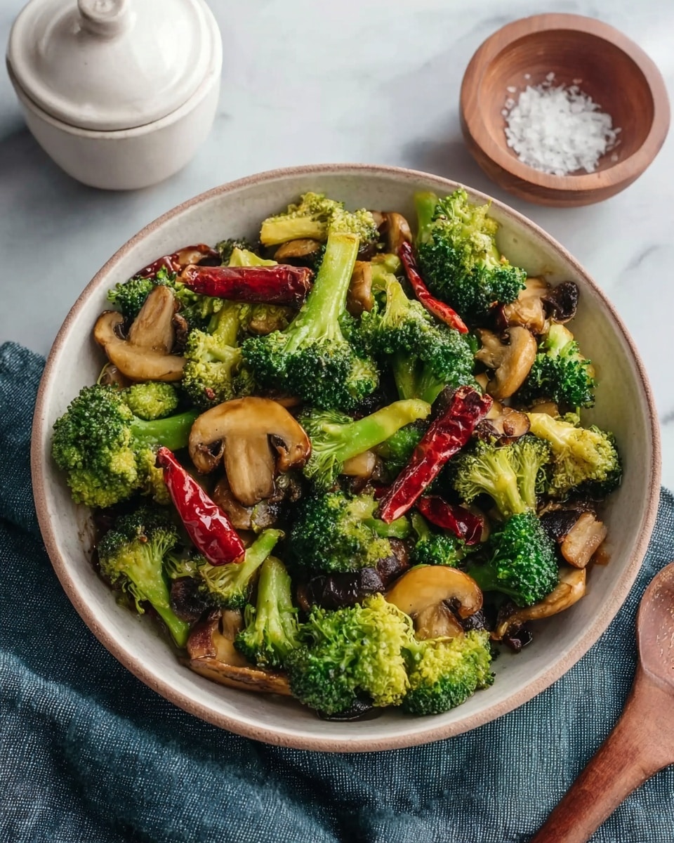 A round bowl filled with cooked broccoli and sliced mushrooms, mixed with three whole dried red chilies scattered on top. The broccoli pieces are bright green and firm, while the mushrooms are light brown with soft texture. The bowl is white and placed on a white marbled surface, with a small white container with a lid and a wooden bowl of coarse salt nearby. A blue-gray cloth is partially visible next to the bowl. Photo taken with an iphone --ar 4:5 --v 7