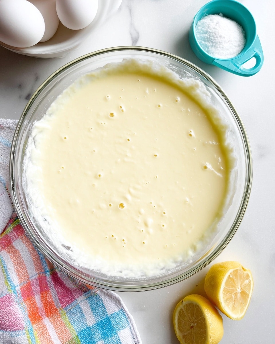 A clear glass bowl filled with smooth, creamy pale yellow batter that has a slightly thick texture and a few small air bubbles on the surface. The bowl is placed on a white marbled surface beside a white bowl containing three white eggs and a small turquoise measuring cup filled with sugar. In the bottom right, there are two lemon halves resting on a white cloth with blue, pink, orange, and green plaid lines. Photo taken with an iphone --ar 4:5 --v 7