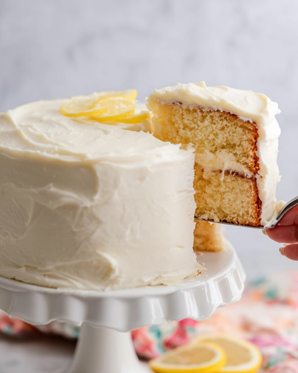 A two-layer round cake covered with thick, smooth white frosting is shown with a slice being lifted out from the right side. The cake layers are light golden brown and fluffy with white creamy frosting between each layer and all around the outside. The cake sits on a white scalloped cake stand that is held by a woman's hand on the right side. The background is soft and blurred with a white marbled surface below and a slice of lemon with a colorful cloth in the lower right corner. photo taken with an iphone --ar 4:5 --v 7