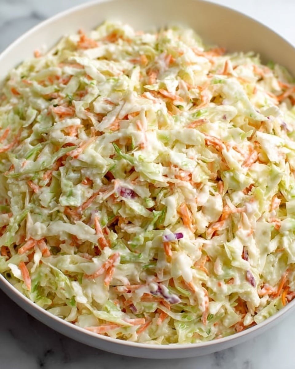 The image shows a close-up of a large white bowl filled with coleslaw. The coleslaw has three main layers of finely shredded ingredients: pale green cabbage, thin orange carrot strips, and some small bits of creamy white dressing mixed evenly throughout. The textures look crisp and fresh, with a slightly glossy finish from the dressing. The bowl sits on a white marbled surface, giving a clean and bright background. Photo taken with an iphone --ar 4:5 --v 7