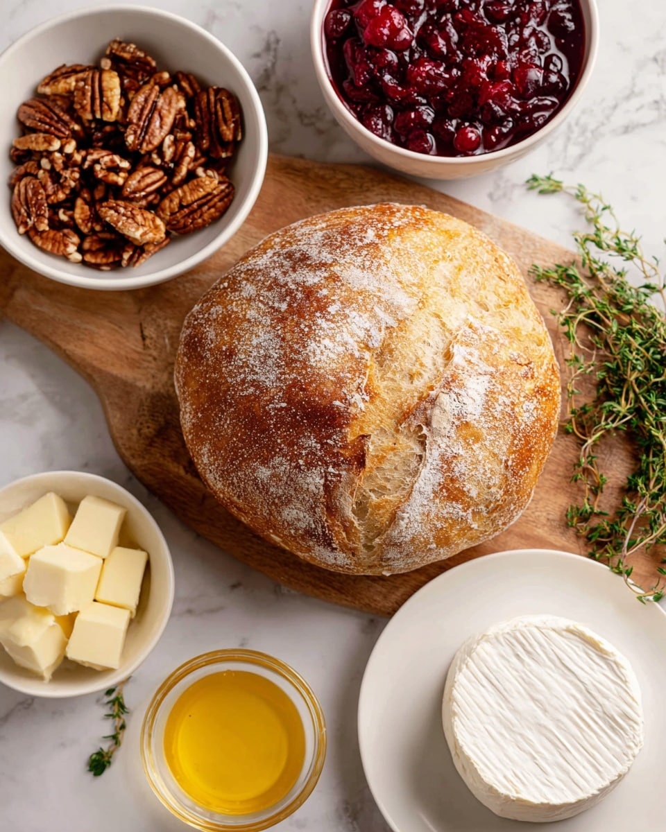 The image shows a round loaf of bread with a golden brown crust and a light dusting of flour on top, placed on a wooden board against a white marbled surface. Below the bread, there are four white bowls and plates arranged around it: one filled with brown pecans, another with melted yellow butter in a small glass bowl, a white plate holding a round block of smooth, white brie cheese, and a white bowl with bright red cranberry sauce that has a slightly chunky texture. Sprigs of green herbs are placed nearby for decoration. photo taken with an iphone --ar 4:5 --v 7
