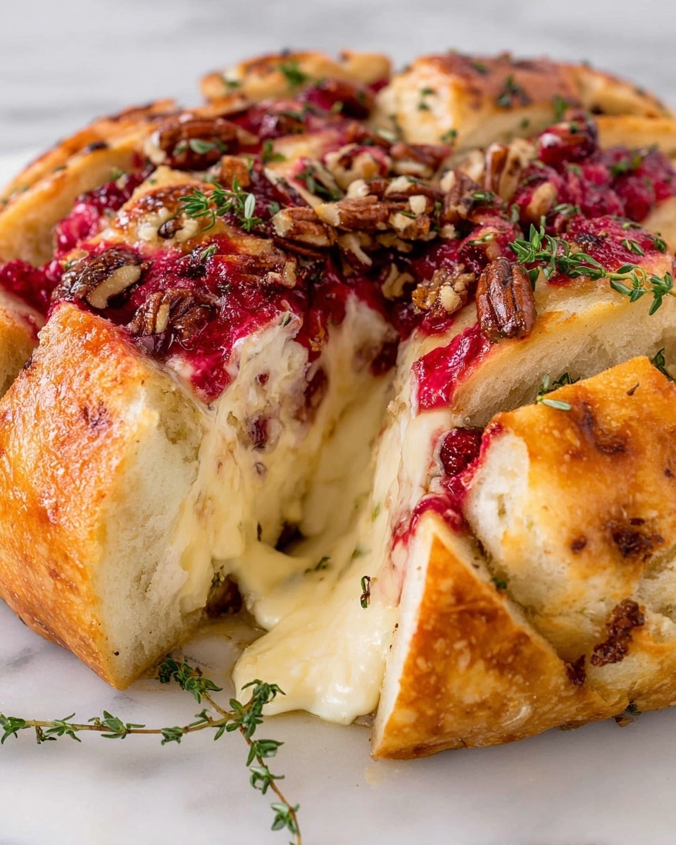 The image shows a round bread loaf filled with three main layers; the outer layer is a golden-brown crust with a rough, crunchy texture, sliced into thick pieces. Inside, a creamy, melting cheese layer with a smooth, soft texture oozes out, visible in pale white and light yellow tones. The top layer is a mix of deep red, juicy raspberries or similar fruit along with dark brown pecan nuts scattered all over, adding a rough, crunchy look. Small sprigs of fresh green thyme are placed around the edges for a touch of color on a white marbled surface. photo taken with an iphone --ar 4:5 --v 7