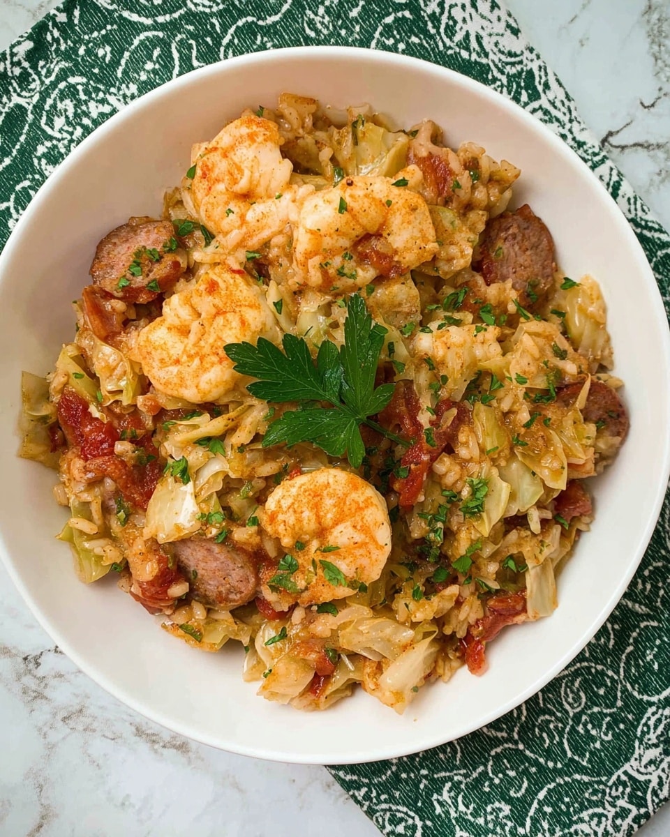 A white round bowl filled with a mixed dish containing shrimp, rice, small pieces of sausage, chopped tomatoes, and cabbage. The shrimp are orange with a slight char, scattered throughout the dish in the top half and toward the middle, while sausage pieces are brown and nestled among the other ingredients. The rice is light brown and mixed evenly with the vegetables, which include soft white and green cabbage and small red tomato bits. The dish is topped with a green parsley leaf near the center, and some finely chopped green herbs are sprinkled across. The bowl rests on a green cloth with a white pattern, and the background is a white marbled surface. photo taken with an iphone --ar 4:5 --v 7