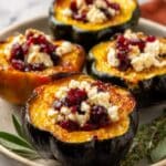 Honey-Glazed Acorn Squash with Creamy Goat Cheese and Cranberry Drizzle Recipe