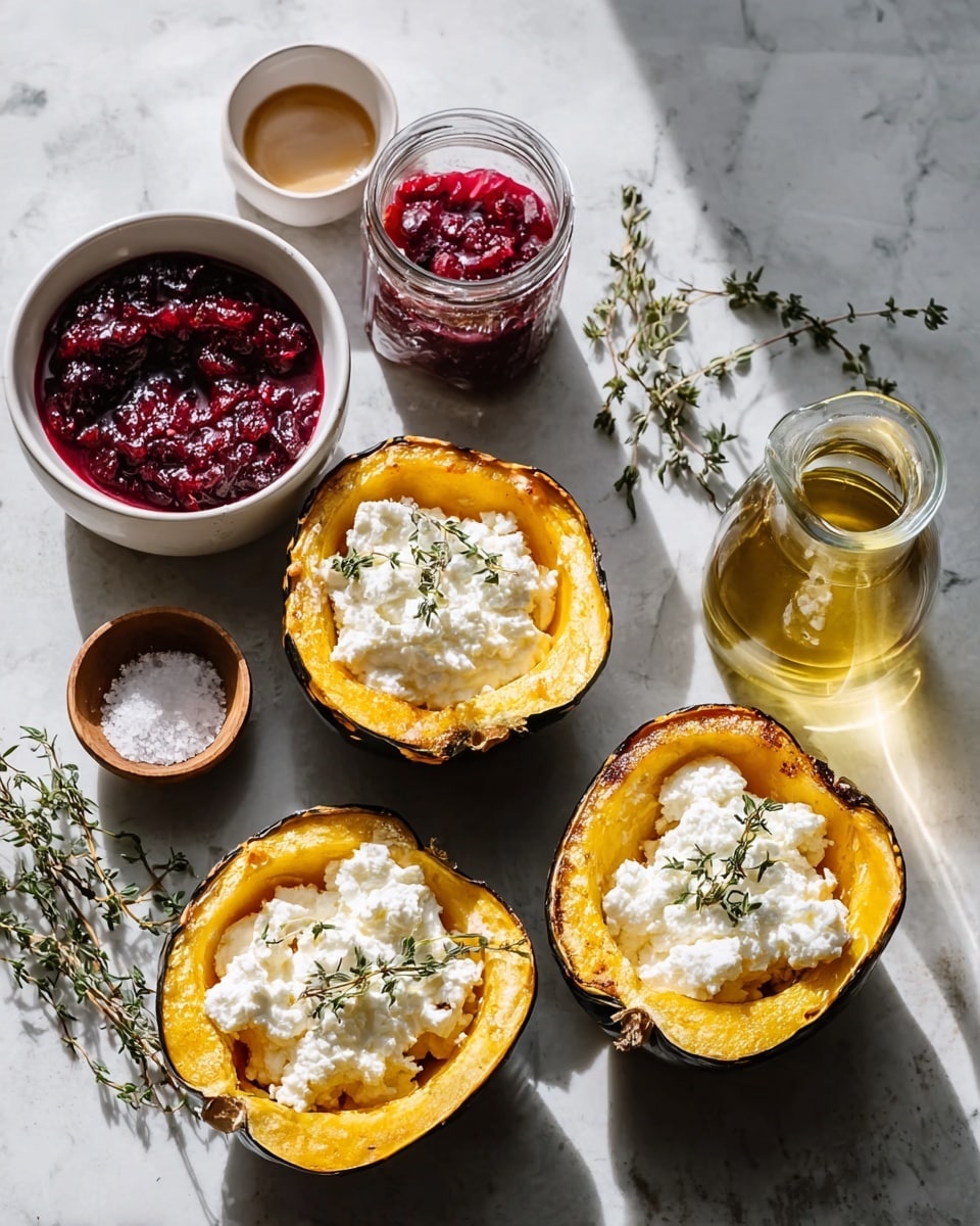 Three halves of roasted squash with bright yellow-orange flesh sit on a white marbled surface, each filled with a thick layer of white cottage cheese and topped with a small green sprig of thyme. Around them are small bowls and containers: one white bowl with deep red cranberry sauce sprinkled lightly with salt, a small wooden bowl of coarse salt, an open jar of the same red sauce, a glass bottle of pale yellow olive oil, and a small glass cup of light brown vinegar. A few loose green thyme sprigs lie casually on the surface near the squash. The light casts soft shadows adding depth. photo taken with an iphone --ar 4:5 --v 7