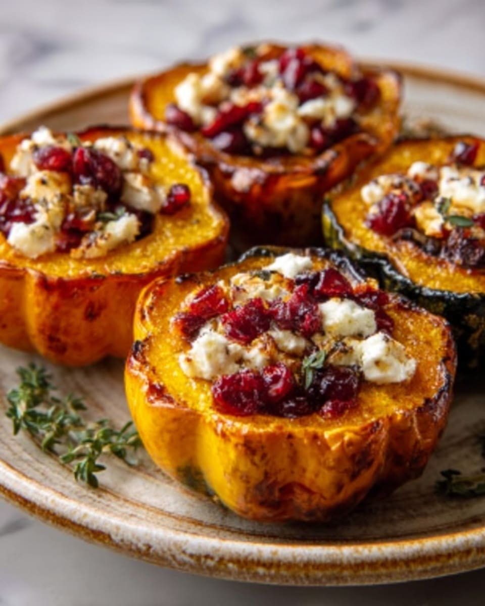 The image shows four roasted squash halves arranged closely on a white round plate with a rustic texture. Each squash half has a golden-brown roasted outer shell, with the inside filled with a mixture of small, soft white cheese crumbs and bright red cranberry pieces. The cheese pieces look soft and crumbly, while the cranberries add bright touches of red color contrasting with the orange-yellow roasted squash flesh. The plate sits on a white marbled surface with subtle light veins. The warm colors and textures create a cozy, inviting look. photo taken with an iphone --ar 4:5 --v 7