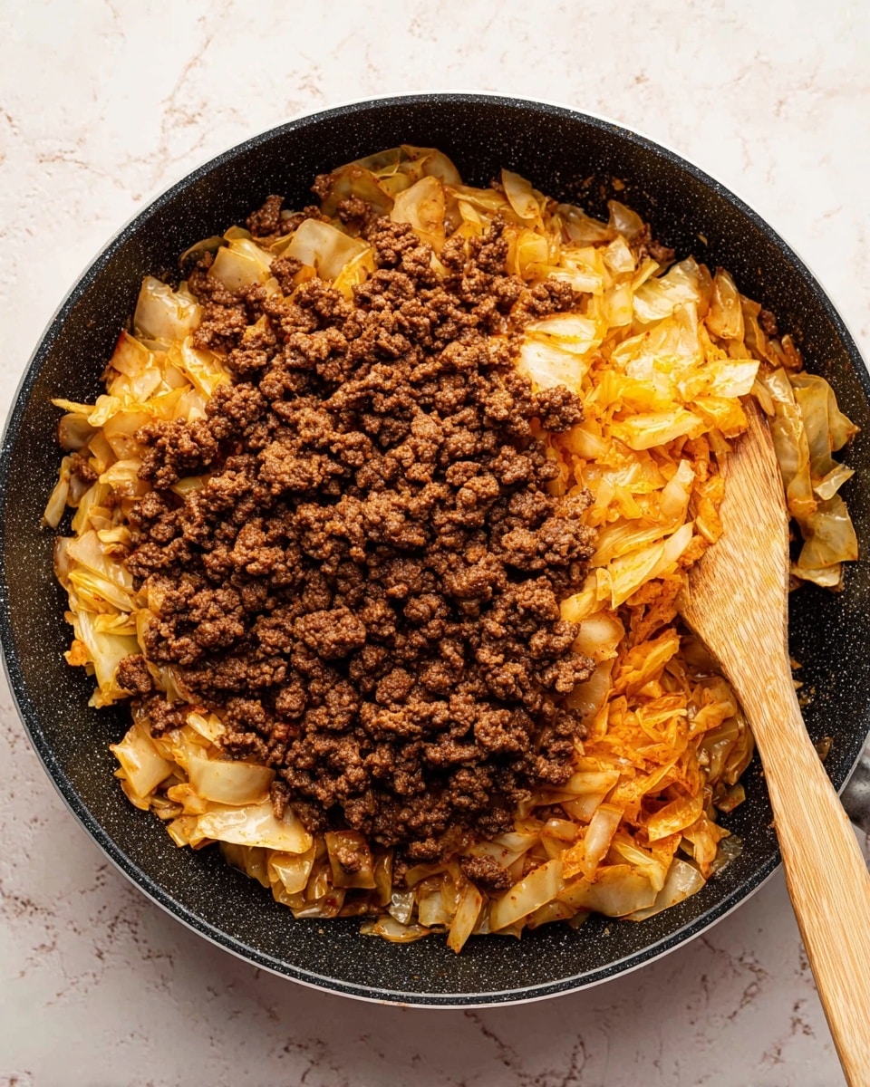 This image shows a black pan filled with two layers of food on a white marbled surface. The bottom layer is cooked chopped cabbage with a soft texture, light orange color with some dark orange spots from cooking. On top of this is a thick layer of browned ground meat, crumbly in texture and dark brown in color. A wooden spatula rests inside the pan on the right side, partly touching the meat and cabbage. photo taken with an iphone --ar 4:5 --v 7