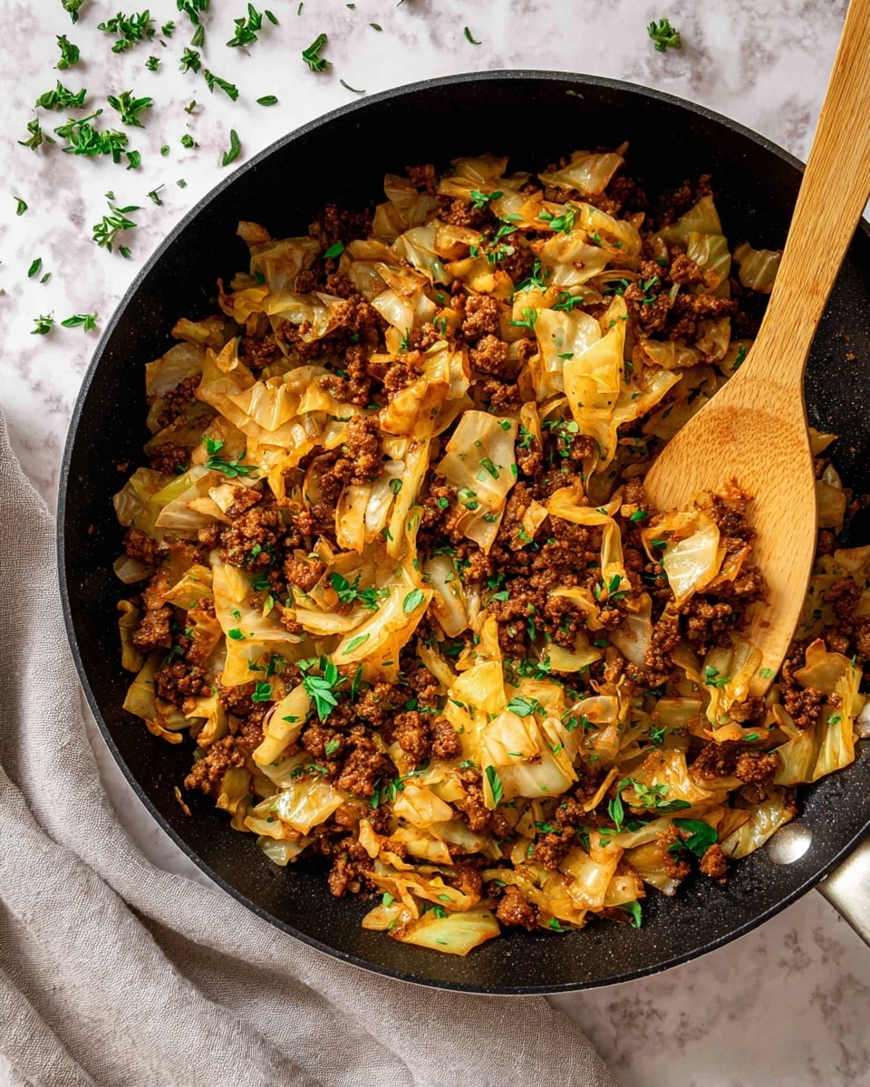 The image shows a black frying pan filled with cooked chopped cabbage and browned ground meat, mixed evenly. The cabbage pieces are light golden with some darker edges, while the ground meat is dark brown and crumbly. Small green herb leaves are sprinkled over the dish, adding a fresh color contrast. A wooden spoon is resting inside the pan on the right side. The pan is placed on a white marbled surface with some green herbs scattered around. A light gray cloth is partly visible at the lower left corner. photo taken with an iphone --ar 4:5 --v 7