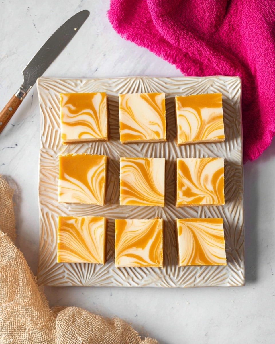 Nine square pieces of dessert with a marbled swirl pattern on top are arranged neatly in a 3 by 3 grid on a textured white square plate with a sunburst design. Each piece has two main layers; the top layer is a smooth swirl of light cream and warm orange colors, creating a balanced mix of both shades on each square. The bottom layer is more solid in color but not clearly visible. The plate is set on a white marbled surface next to a beige textured cloth in the top left corner and a bright pink cloth in the bottom right corner. A silver knife is placed on the white marbled surface on the left side of the plate. photo taken with an iphone --ar 4:5 --v 7