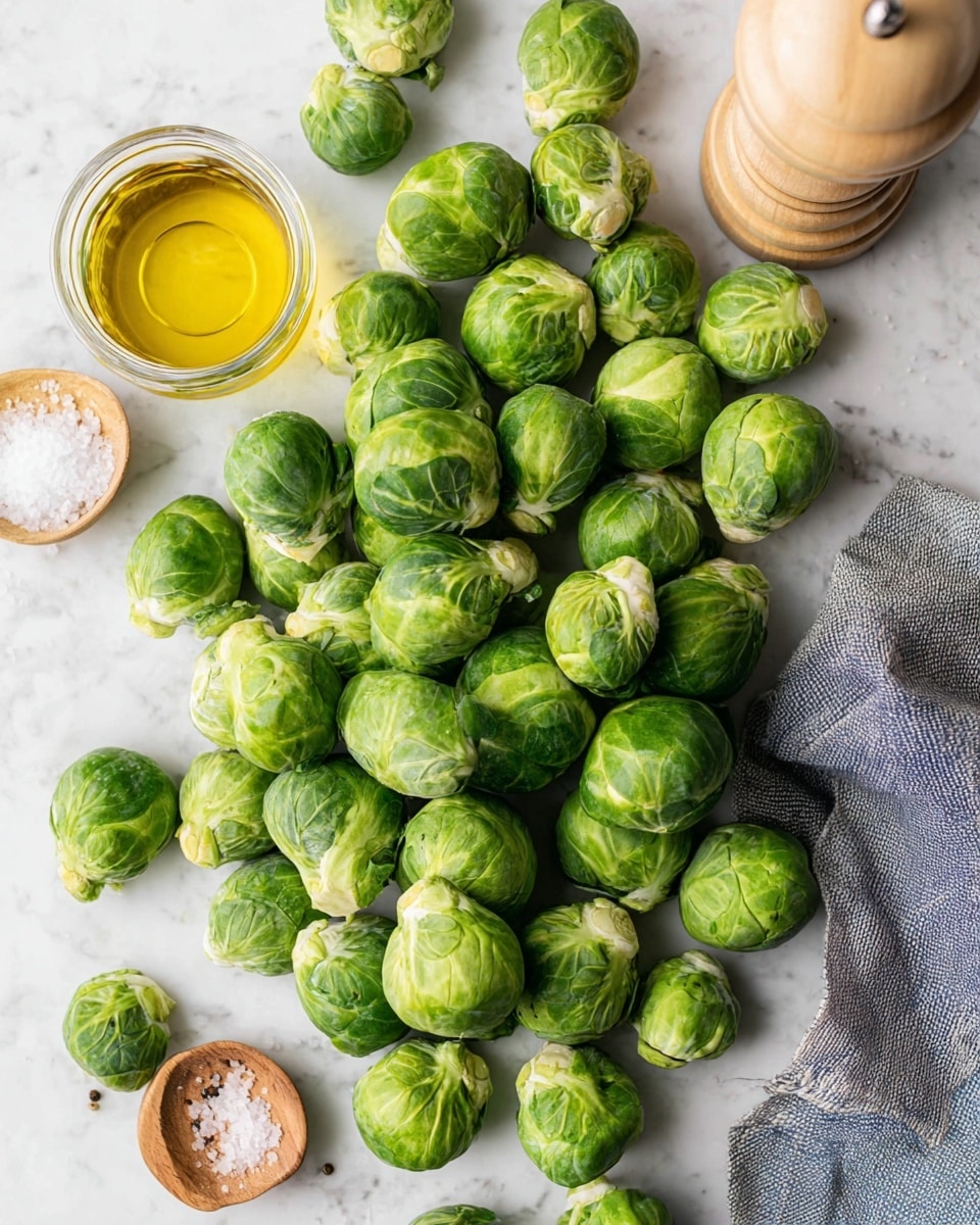 A group of fresh green Brussels sprouts spread out over a white marbled surface, showing their round shapes and layered leaves. To the left is a small clear jar filled with golden oil and a small wooden dish holding coarse salt. On the right side, a light wood pepper grinder sits near a folded gray cloth. The image has a clean and natural look with the Brussels sprouts’ vibrant green color standing out. Photo taken with an iphone --ar 4:5 --v 7