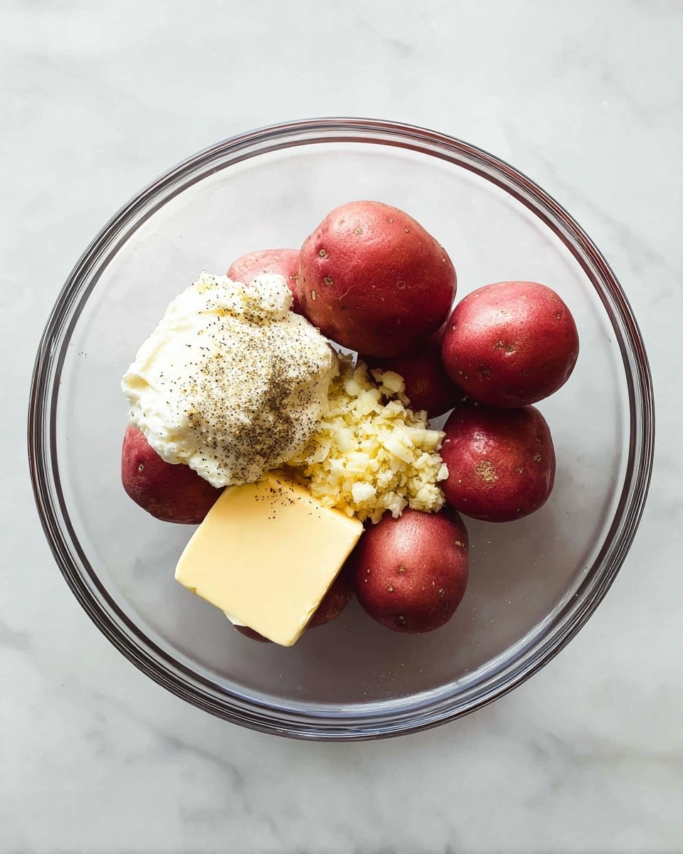 A clear round bowl sits on a white marbled surface filled with seven small red potatoes as the base layer, showing their smooth, reddish skin. On the right side of the bowl is a thick dollop of white creamy ingredient topped with black pepper, next to a pale yellow square of butter and a small pile of finely chopped garlic. The ingredients sit untouched, with the round bowl edges visible, capturing the mixture before any stirring. photo taken with an iphone --ar 4:5 --v 7