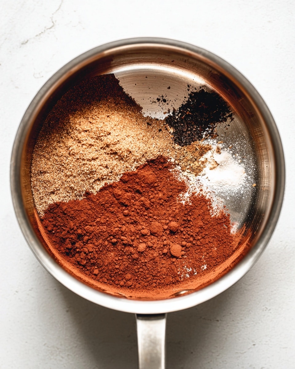Inside a stainless steel pot on a white marbled surface, there are several layers of dry ingredients. The bottom layer is a large patch of reddish-brown cocoa powder, covering much of the base. Above it, on the left side, there is a rough, light brown layer of brown sugar with a grainy texture. On the right side, near the top edge of the cocoa powder, there are small piles of darker brown and black powdery spices, along with a tiny spot of white powder scattered around. The pot has a bright shine inside, reflecting light softly. photo taken with an iphone --ar 4:5 --v 7