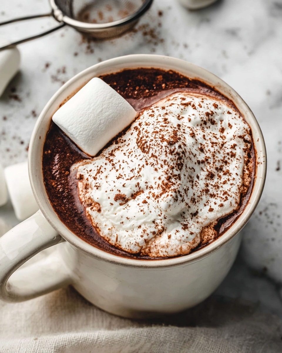 A close-up view of a white ceramic mug filled with dark brown hot chocolate topped with a thick layer of white whipped cream sprinkled with cocoa powder. Two large, white marshmallows rest on the left side of the whipped cream, partially touching the drink. The mug sits on a white marbled surface with part of a metal tea strainer and a light beige cloth visible around it. Photo taken with an iphone --ar 4:5 --v 7