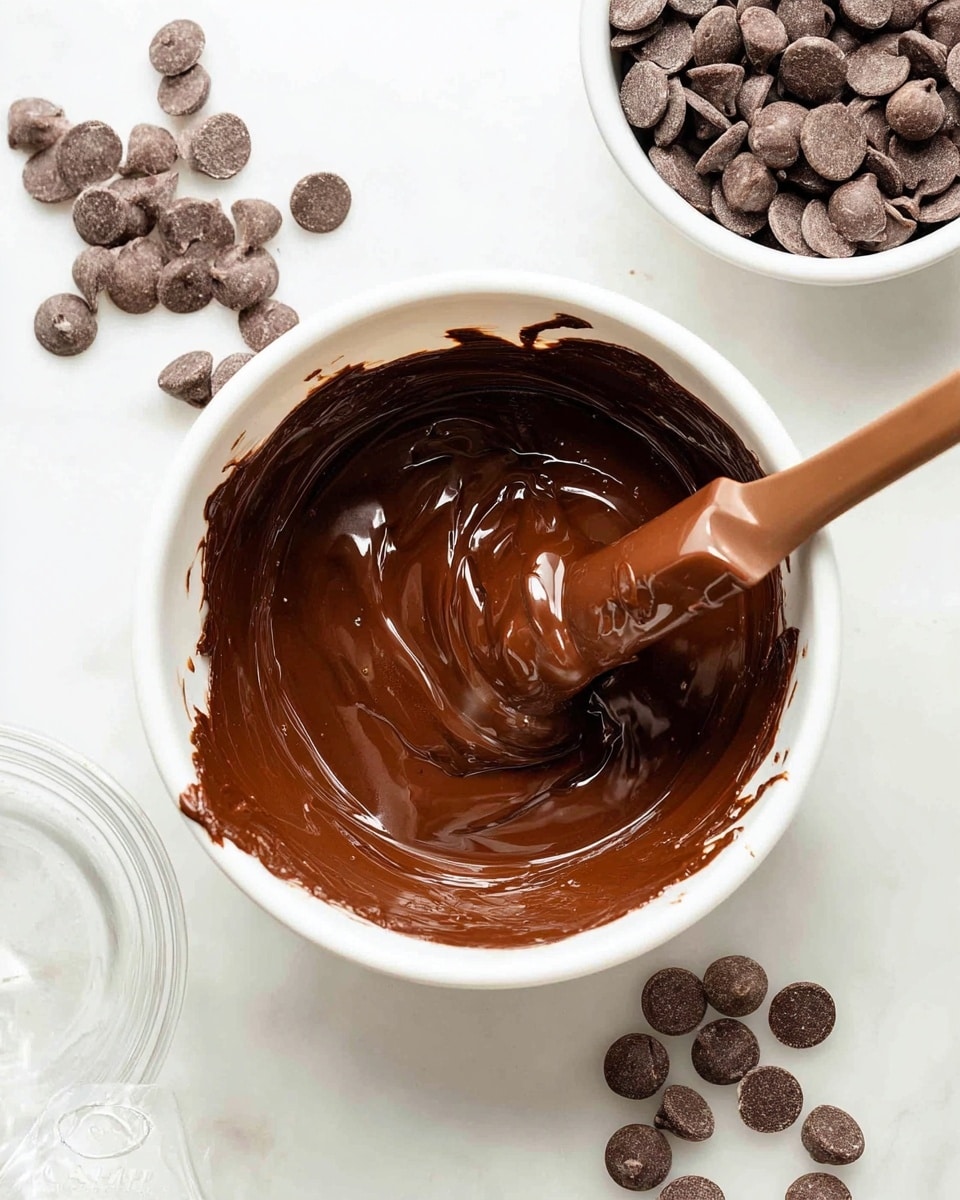 A white bowl filled with smooth, shiny dark brown melted chocolate being stirred by a brown spatula, with some chocolate coating the sides of the bowl. Around the bowl, there are small piles and scattered pieces of round dark chocolate chips on a white marbled surface. In the top right corner, there is a larger white bowl filled with more of the same chocolate chips. A clear plastic container is partially visible in the bottom left corner. photo taken with an iphone --ar 4:5 --v 7