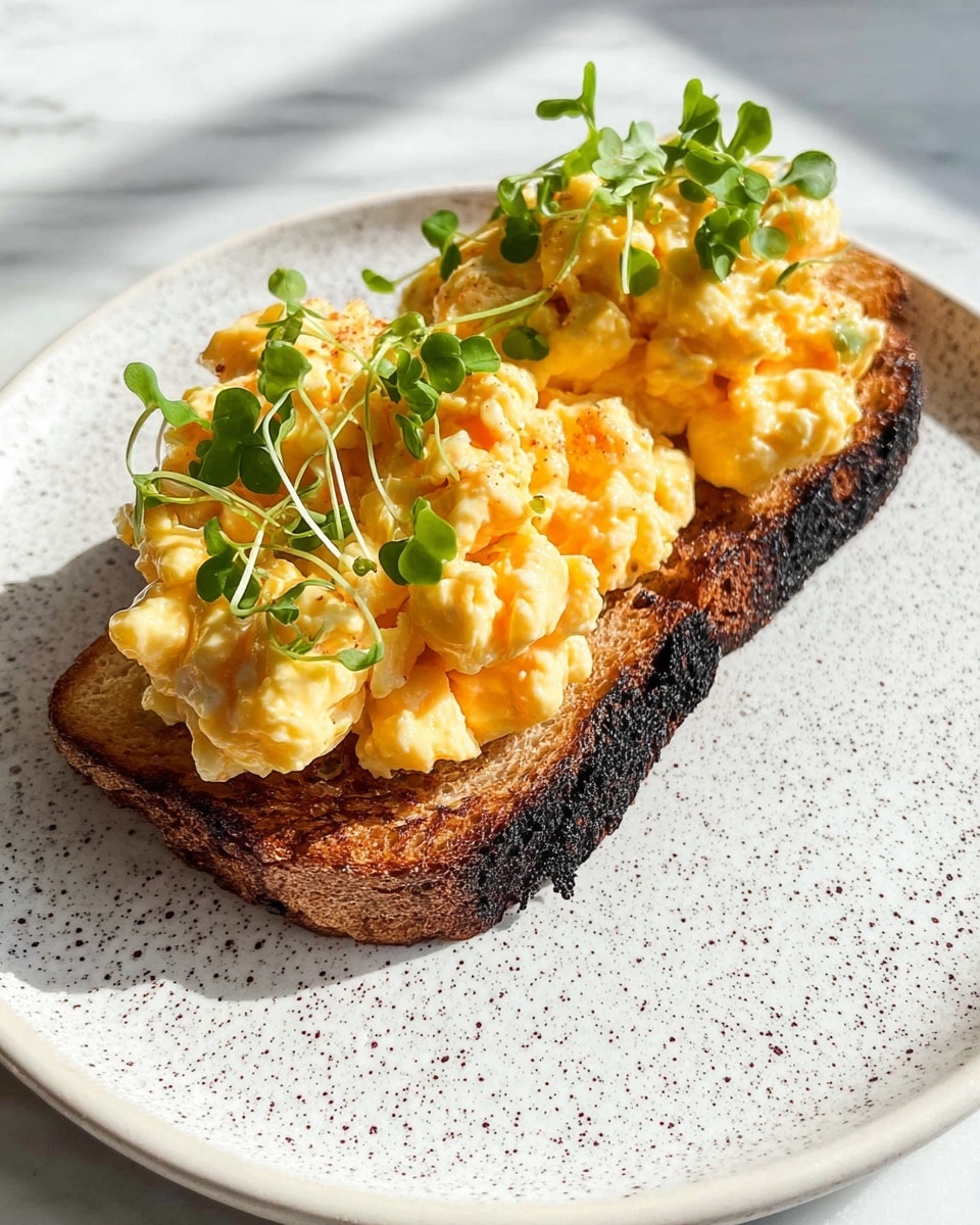 The image shows one slice of toasted bread with a dark, slightly burnt crust on a white plate with small gray specks, placed on a white marbled surface. On top of the toast, there are two generous piles of soft scrambled eggs with a creamy texture and a light yellow to slightly orange color. The eggs are garnished with a few fresh green microgreens that add a fresh look. The light in the image is natural, casting soft shadows that highlight the texture of the eggs and toast. photo taken with an iphone --ar 4:5 --v 7