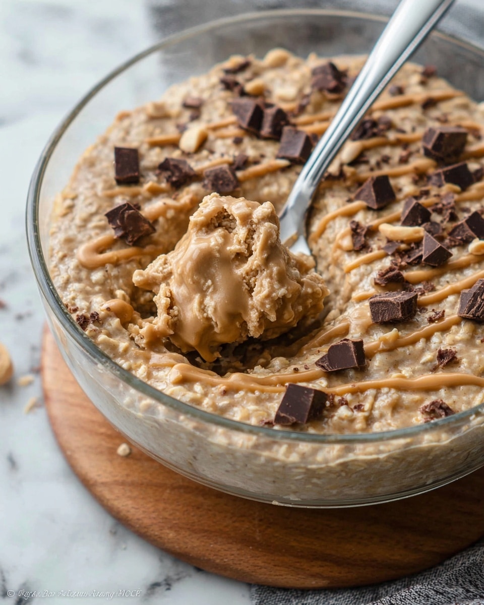 A clear glass bowl filled with a light brown, creamy oatmeal that has a soft and slightly lumpy texture. The oatmeal is topped with scattered small chunks of dark chocolate and chopped peanuts around the edges. Light brown sauce is drizzled over the surface in thin lines. Two metal spoons are scooping up some oatmeal from the middle, showing the thick and moist inside. The bowl sits on a wooden board, placed on a white marbled surface with a gray cloth nearby. photo taken with an iphone --ar 4:5 --v 7