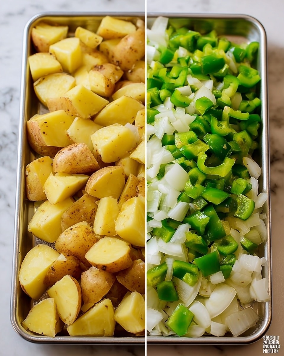 The image shows two side-by-side photos of a metal baking tray filled with chopped food on a white marbled surface. The left side has one layer of yellow potatoes with light brown skin, cut into large chunks, filling the tray. The right side shows the same potatoes but now topped with a layer of chopped white onions and bright green bell peppers. The onions are diced into medium-sized pieces, and the bell peppers are cut into small chunks, scattered over the potatoes. The colors contrast clearly: the yellow potatoes with their skin, the white onions, and the fresh green peppers all mixed in one tray. Photo taken with an iphone --ar 4:5 --v 7