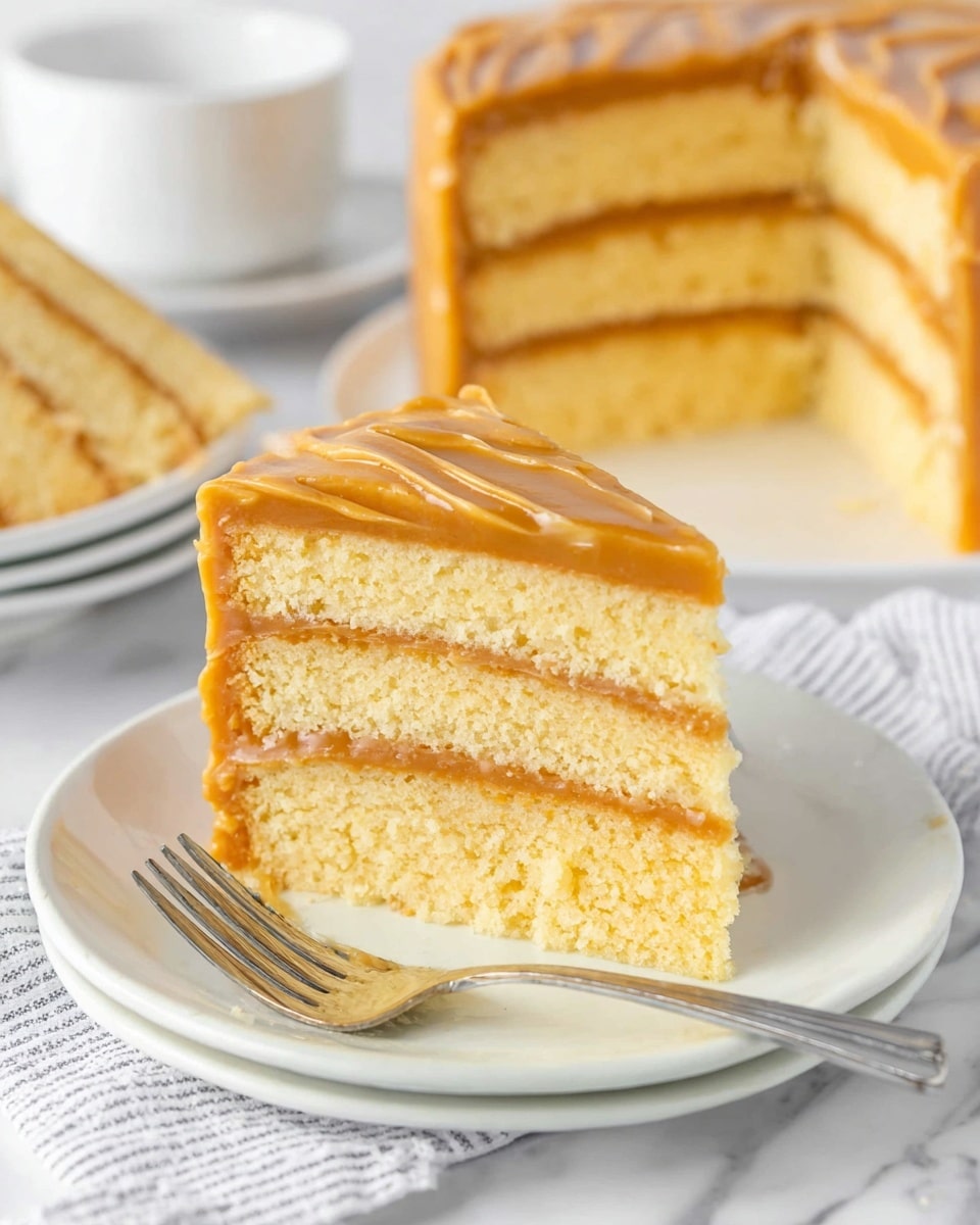 A three-layer yellow cake slice sits on a white plate with a silver fork next to it. Each layer of the cake is light yellow and fluffy, separated by thin layers of caramel-colored frosting that is smooth and slightly shiny. The top layer of the cake is covered with the same caramel-colored frosting, evenly spread with soft swirls. In the background, the rest of the cake with the same three yellow layers and caramel frosting is on a white plate, all sitting on a white marbled surface with a white striped cloth nearby. Photo taken with an iphone --ar 4:5 --v 7