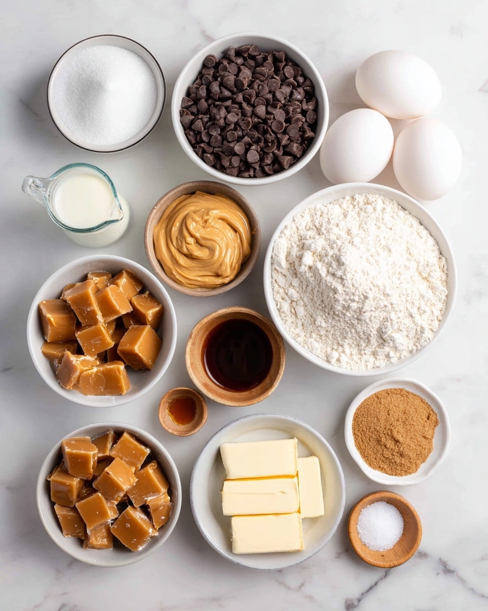 The image shows various ingredients arranged on a white marbled surface, each clearly labeled. From left to right, there is a small white bowl with sugar, next to it a medium white bowl filled with dark chocolate chips. Below these is a glass measuring cup containing pale evaporated milk. Nearby is a small white bowl of creamy peanut butter. Directly below that is a white bowl filled with caramel pieces, shaped like small squares. Centered is a very small white bowl of vanilla extract, flanked by two tiny wooden bowls – one with salt and the other with baking soda. To the right, there is a large white bowl filled with white flour, above two whole white eggs side by side. Below the eggs is a small white bowl with packed brown sugar. At the bottom center, two sticks of unsalted butter rest on the surface in their original wrapper. The whole setup is bright and clear, resting on the clean white marbled texture. Photo taken with an iphone --ar 4:5 --v 7