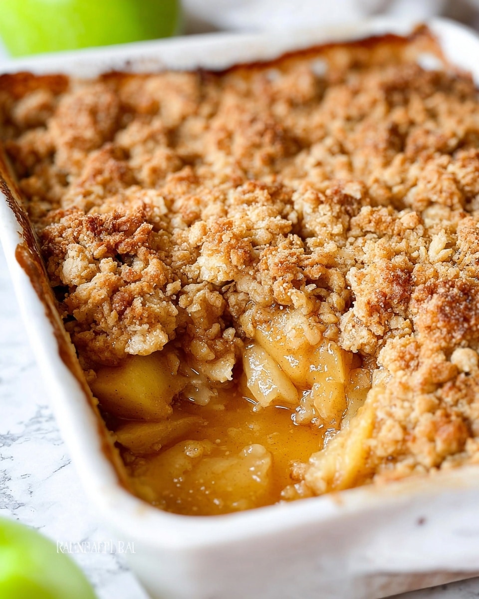 A close-up view of a white rectangular baking dish filled with apple crumble. The dish has two visible layers: the bottom layer consists of tender apple pieces in a golden syrupy sauce with hints of cinnamon, while the top layer is a thick, crumbly golden brown topping with a rough texture. A section of the crumble has been scooped out, revealing the juicy apples and syrup underneath. The dish is placed on a white marbled surface with a blurred green apple in the foreground. Photo taken with an iphone --ar 4:5 --v 7