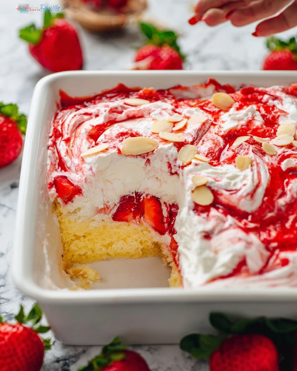 This image shows a dessert in a white rectangular dish with one piece taken out. The dessert has three layers: the bottom layer is a light yellow, soft cake; the middle layer has bright red sliced strawberries; the top layer is a thick, white cream swirled with red sauce, creating a marbled look. Some sliced almonds are scattered on top. The dish is on a white marbled surface with whole red strawberries and some green leaves around it. A woman's hand with a blurred background is near the top left corner. Photo taken with an iphone --ar 4:5 --v 7