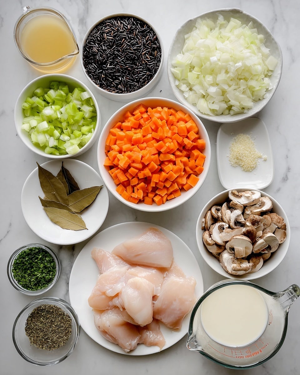 The image shows a flat lay of raw cooking ingredients arranged neatly on a white marbled surface. In the center bottom is a round white plate holding several pale pink raw chicken fillets. Surrounding it are bowls and small dishes with various ingredients: chopped orange carrots in a white bowl top right, chopped celery in a white bowl top left, chopped white onions in a clear bowl near the top center, and chopped brown mushrooms in a white bowl bottom right. There is a white bowl filled with black wild rice next to the chicken, with a small white dish holding two dried brown bay leaves above it. A small clear bowl with white minced garlic is placed to the right of a small dish with dried mixed herbs on the left side. Below on the left are a small glass bowl of chopped green herbs, a clear glass measuring cup filled with light yellow broth, and another glass jug with white milk on the right. The items are all arranged with clean spaces between them. Photo taken with an iphone --ar 4:5 --v 7
