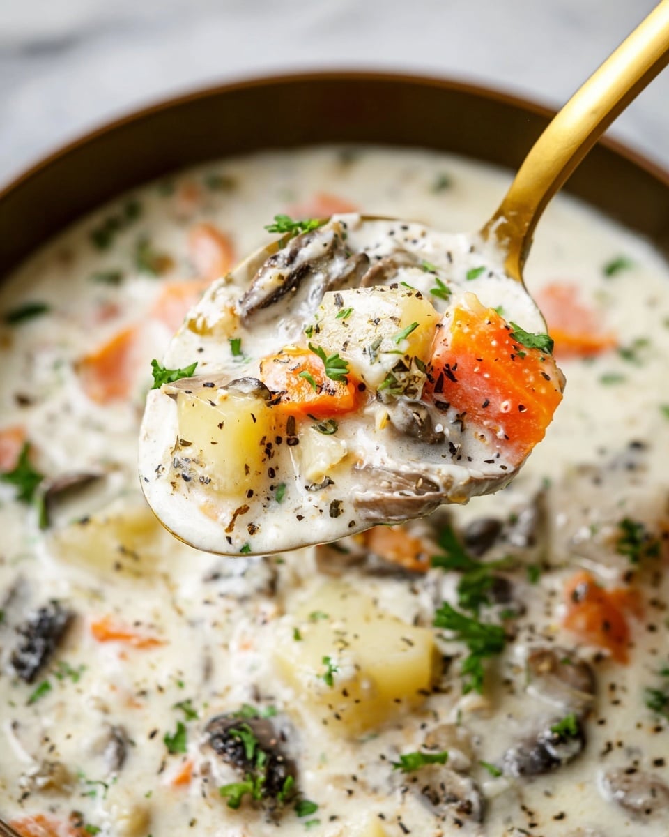 A close-up view of a thick creamy soup ladled by a golden spoon, showing layers of white creamy broth with chunks of orange carrot, light yellow potato pieces, small dark and light brown mushroom slices, and specks of green parsley on top, all mixed together; the soup has a rich texture with visible black pepper dots and fresh herbs sprinkled over it, held above a white marbled surface. photo taken with an iphone --ar 4:5 --v 7