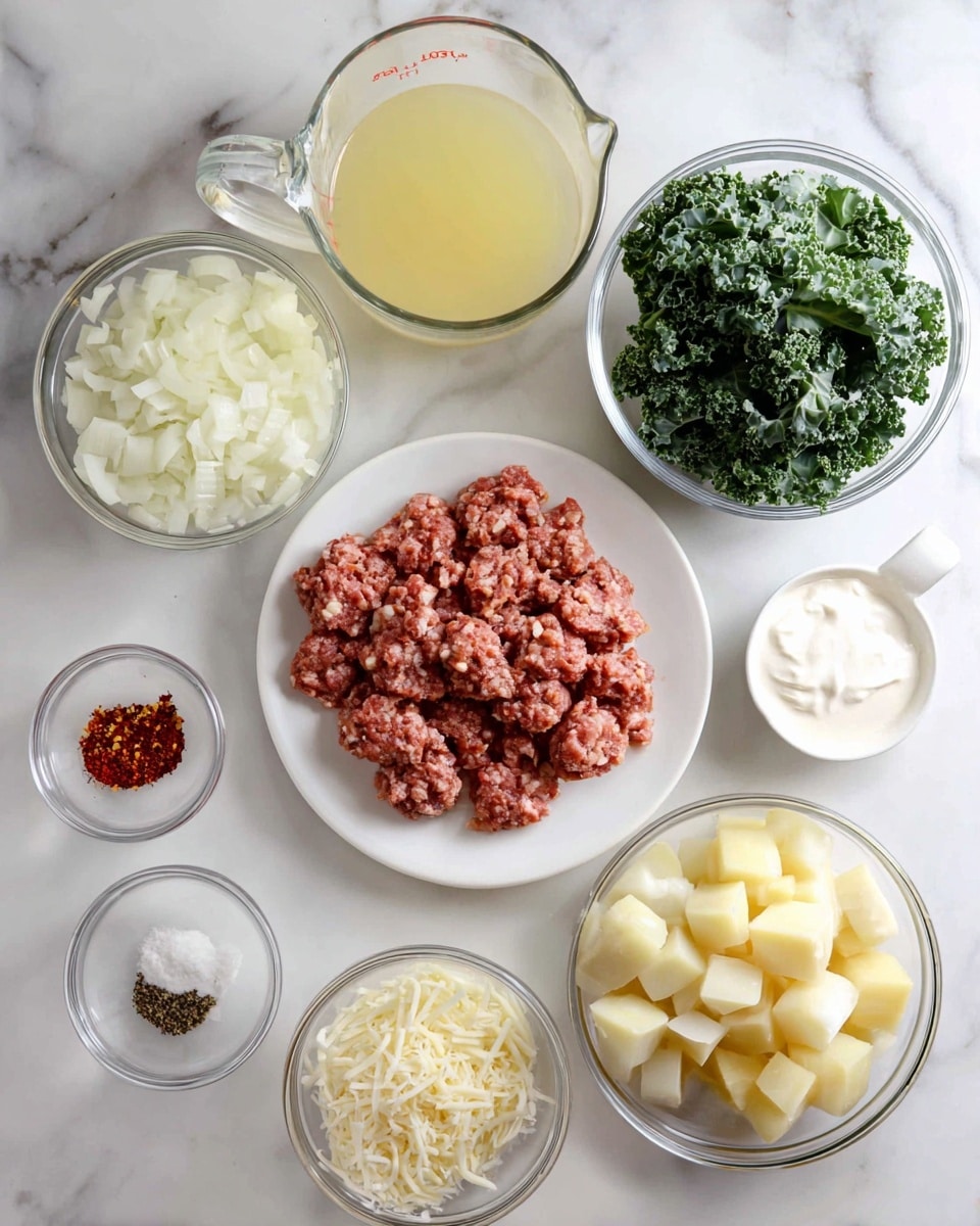 The image shows several clear glass bowls and a white plate arranged on a white marbled surface. On the white plate in the center, there is a layer of raw Italian sausage with a reddish-brown color and a slightly coarse texture. To the right of the plate, three clear glass bowls hold chopped onion with white pieces, curly kale with dark green leaves, and peeled, cubed potatoes with a pale yellow color. Below the plate, small clear bowls contain minced garlic and salt and black pepper. Above the plate, a small white bowl has red pepper flakes, and next to it, another clear bowl holds finely shredded pale-yellow parmesan cheese. On the left side of the image, there is a clear glass measuring cup filled with light yellow chicken broth and another smaller clear glass measuring cup holding white cream. The whole setup is clean and well-lit. Photo taken with an iphone --ar 4:5 --v 7