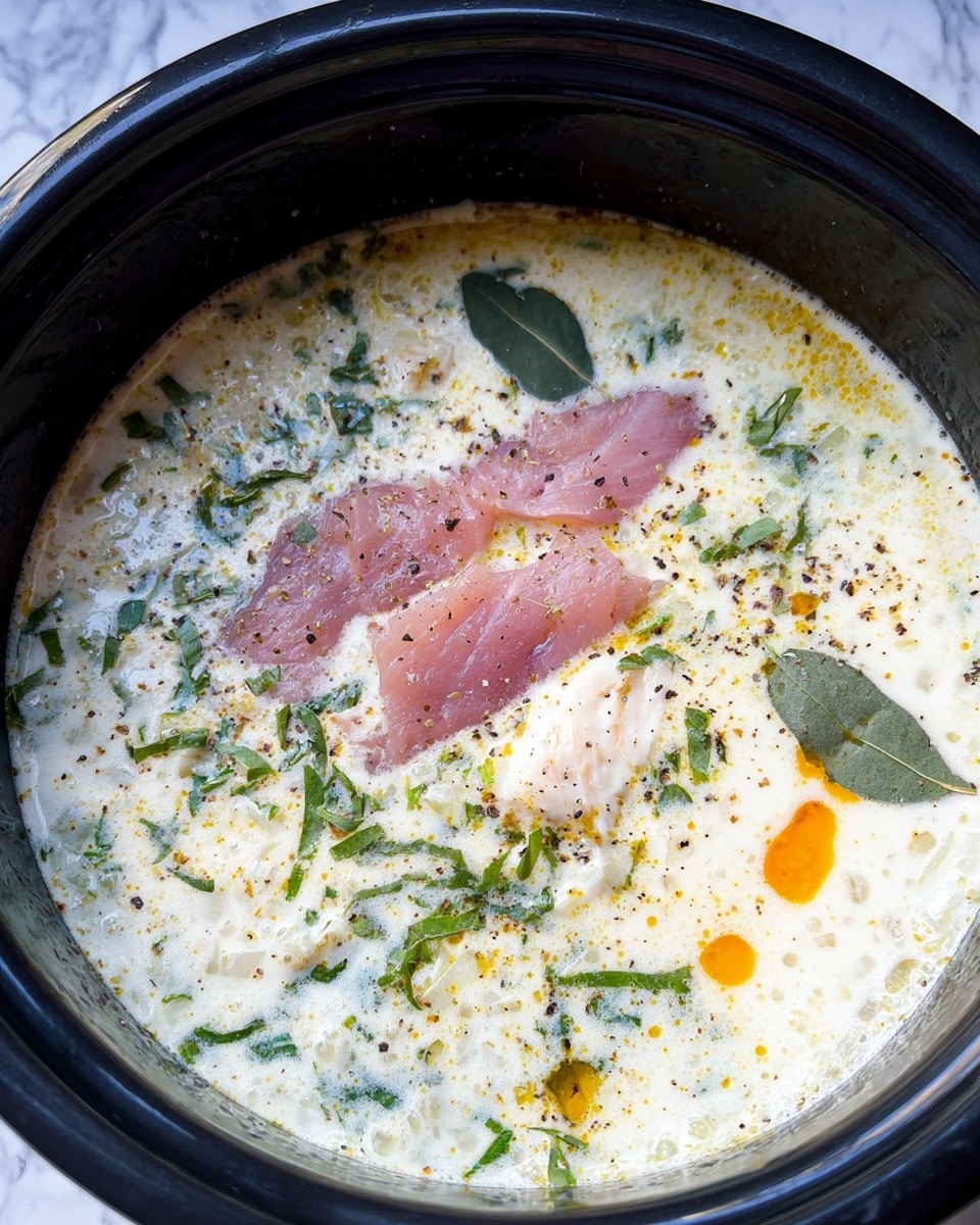 The image shows a black pot filled with a creamy white soup base speckled with green leaves and small white chunks of onion. Two raw pink pieces of meat rest on top of the soup near the center. The soup has small pools of orange oil and a light sprinkling of black pepper. The green leaves and onion pieces are scattered evenly within the soup, creating a layered texture. The pot sits on a surface with a white marbled texture. Photo taken with an iphone --ar 4:5 --v 7