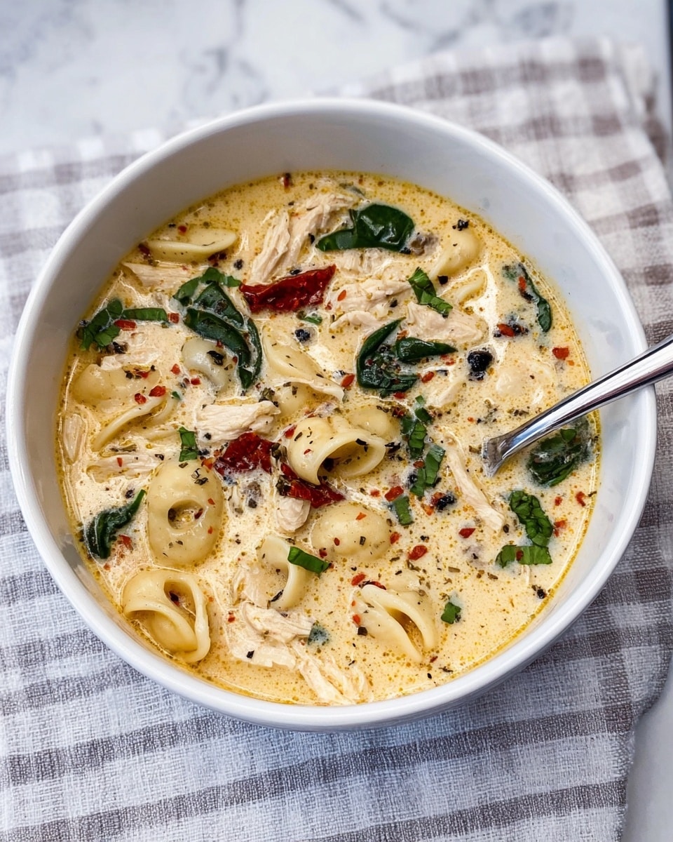 A white bowl filled with creamy soup that has small pasta shells, shredded light beige chicken pieces, and visible green leafy herbs on top. The soup base is light yellow with specks of black pepper and red chili flakes scattered throughout. There are red bits that look like sun-dried tomatoes and dark green pieces, adding color contrast. A silver spoon rests inside the bowl, which is placed on a white marbled textured surface covered with a light gray checkered cloth. Photo taken with an iphone --ar 4:5 --v 7